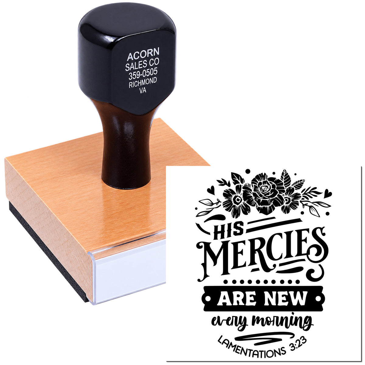 Custom rubber stamp with floral Bible verse design, featuring "His Mercies Are New Every Morning" from Lamentations 3:23.