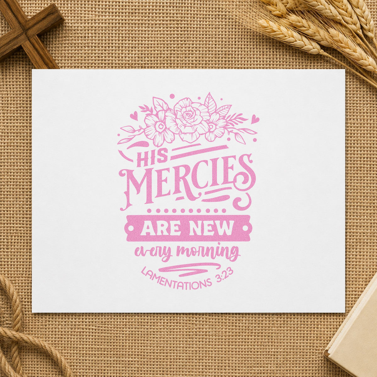 New Mercies Outline Roses craft stamp in purple ink on cardstock, an easy option for bridal shower favors.