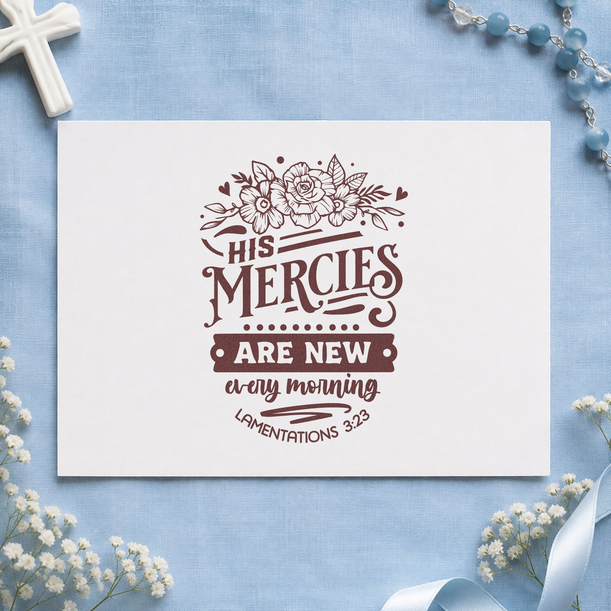 New Mercies Outline Roses rubber stamp printed in brown ink, ready for recipe card borders and similar paper crafts.