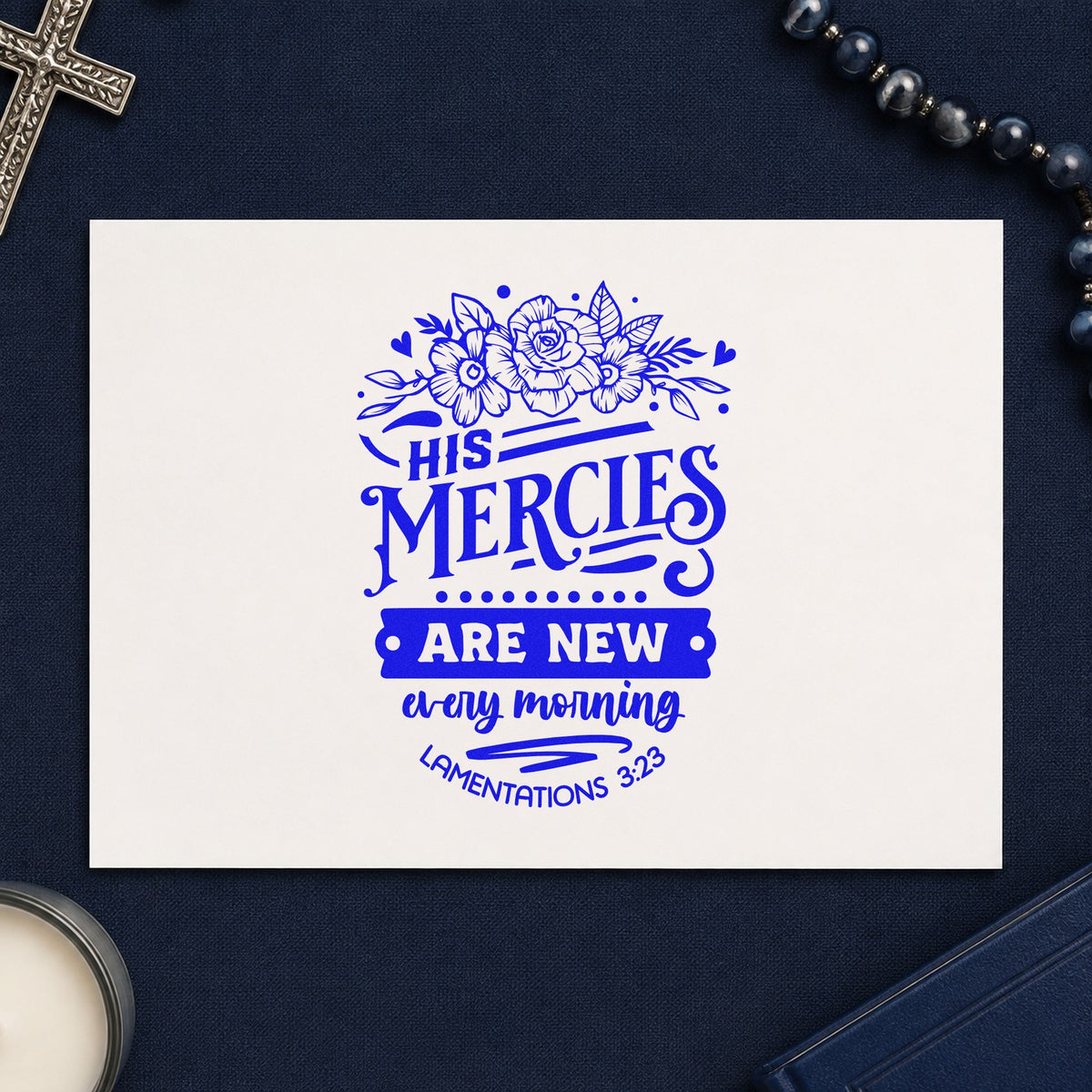 New Mercies Outline Roses craft stamp imprinted in blue ink on paper, a design suited to soap wrap bands.