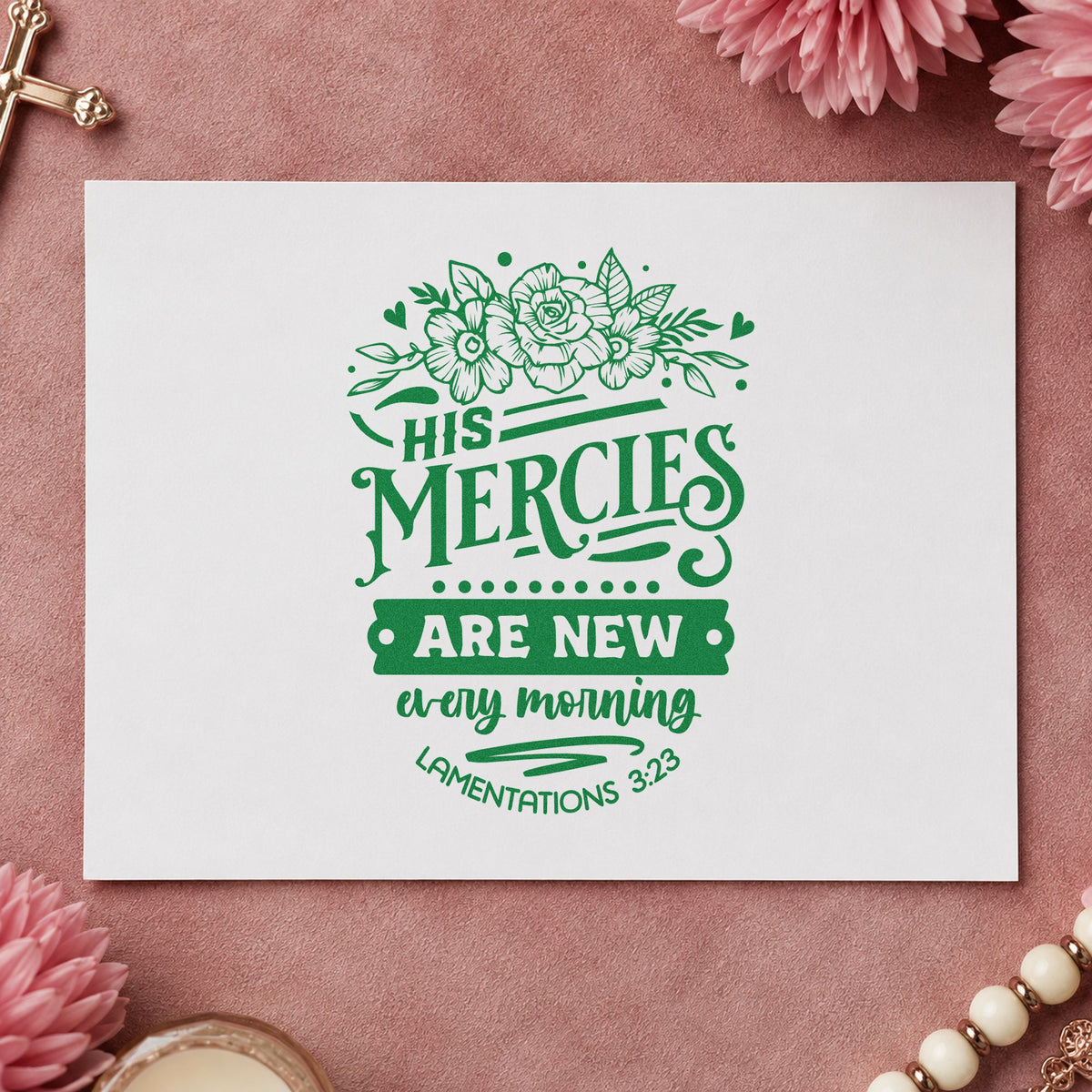 New Mercies Outline Roses craft stamp imprint in green ink on a handmade project, one idea being framed vanity art.