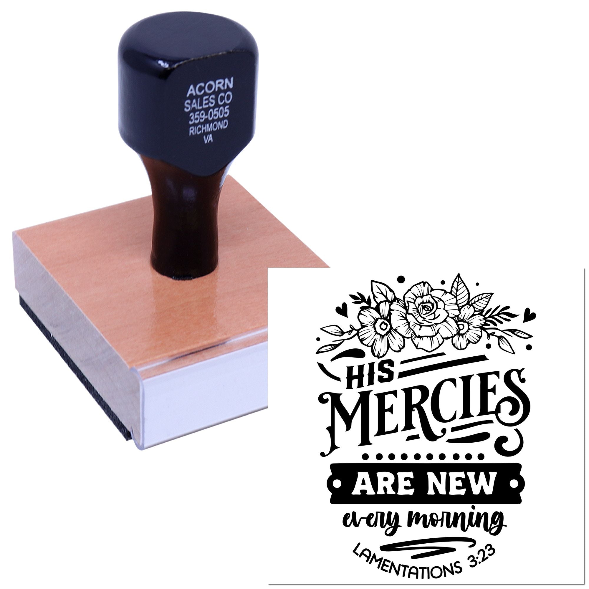 Wood handle rubber stamp with floral His Mercies Are New Every Morning Bible verse design for Christian crafting.