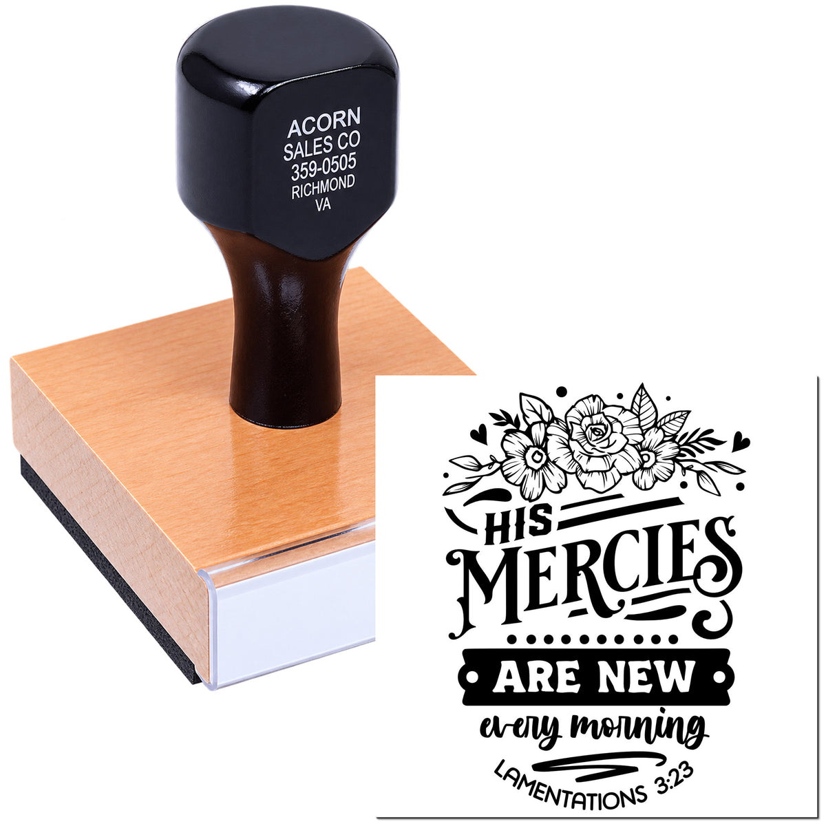 Wood handle rubber stamp with floral His Mercies Are New Every Morning Bible verse design for Christian crafting.