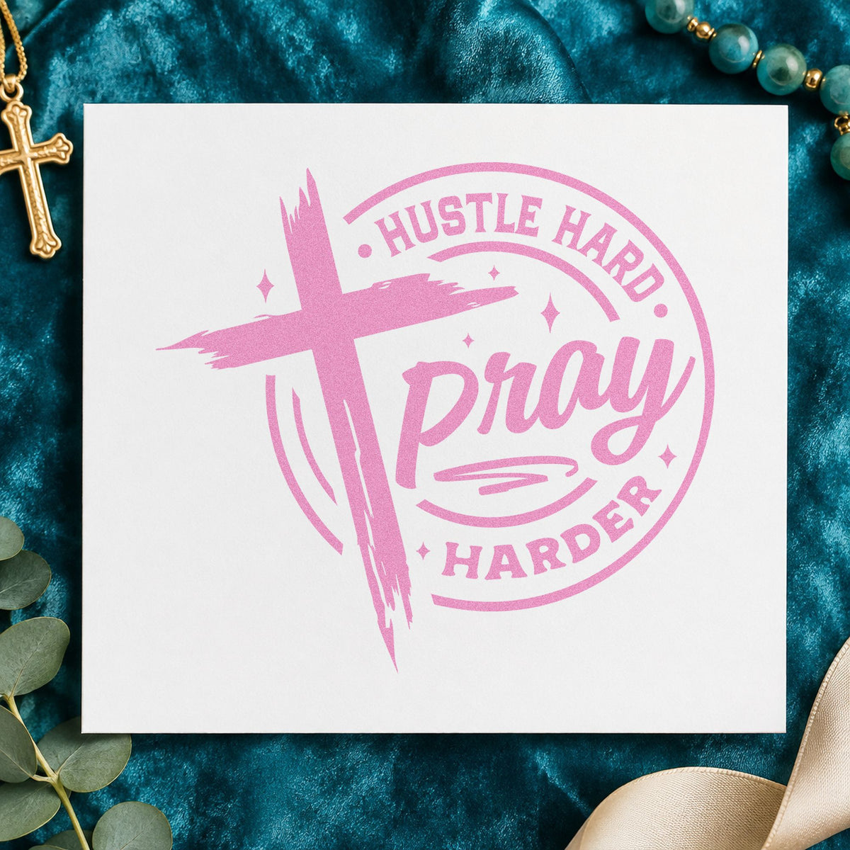 Hustle Hard Pray Harder craft stamp in purple ink on cardstock, an easy option for small shop hang tags.