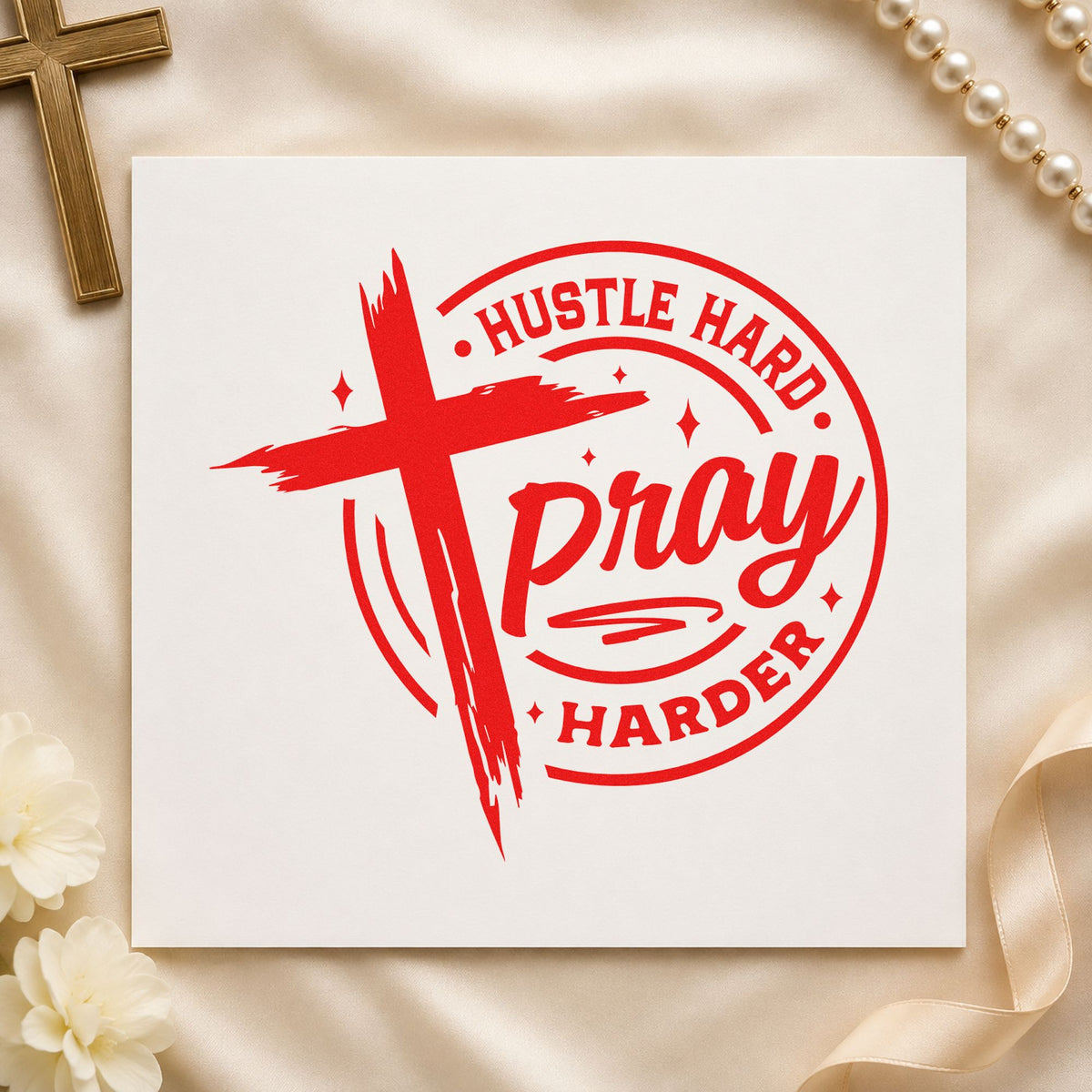 Hustle Hard Pray Harder rubber stamp shown in red ink, stamped for projects such as athlete care notes.