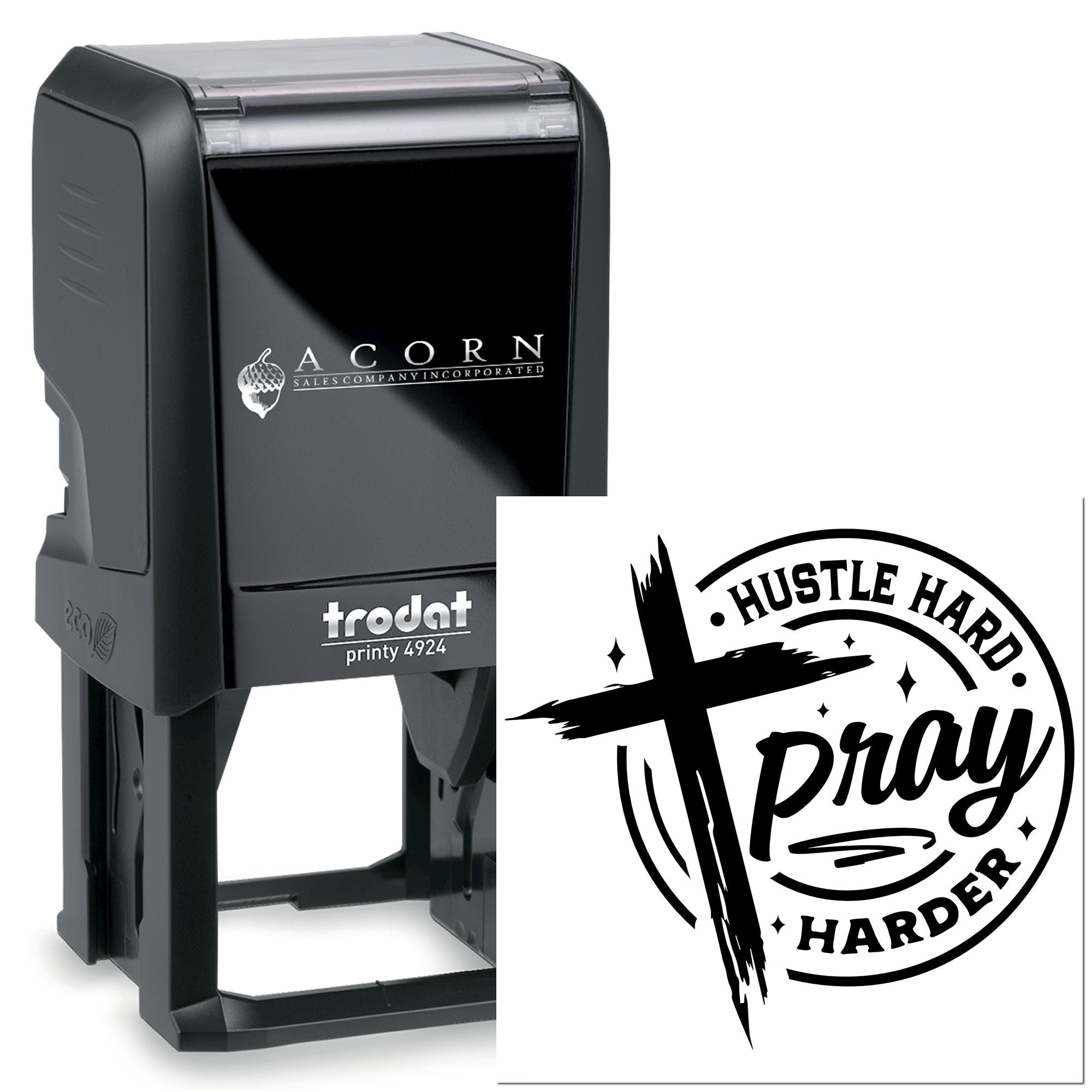 Self-inking Trodat rubber stamp with custom Hustle Hard Pray Harder logo for business branding.