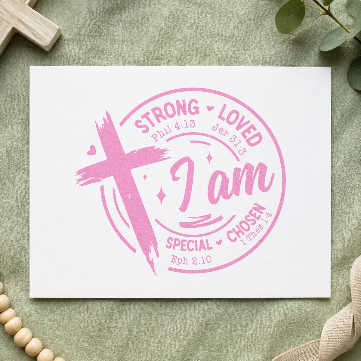 I Am Strong Loved Chosen craft stamp in purple ink on cardstock, an easy option for affirmation gift tags.