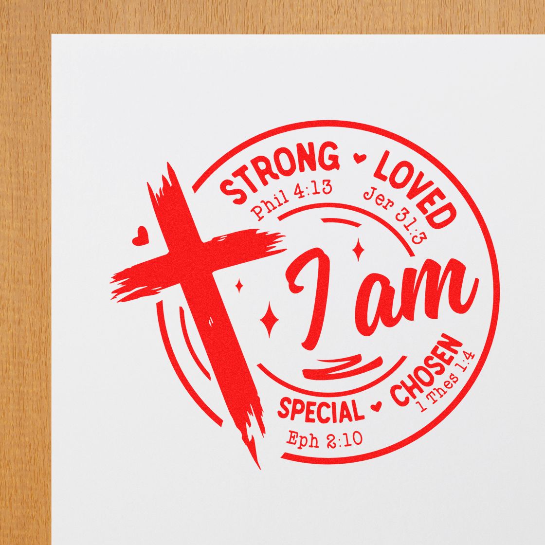 I Am Strong Loved Chosen rubber stamp shown in red ink, stamped for projects such as affirmation gift tags.