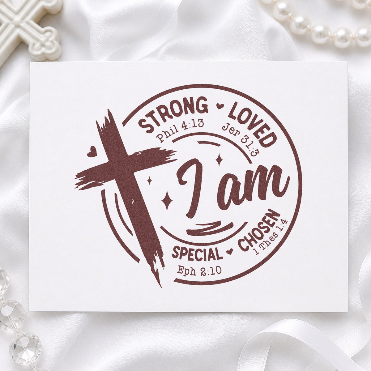 I Am Strong Loved Chosen rubber stamp printed in brown ink, ready for adoption day pages and similar paper crafts.