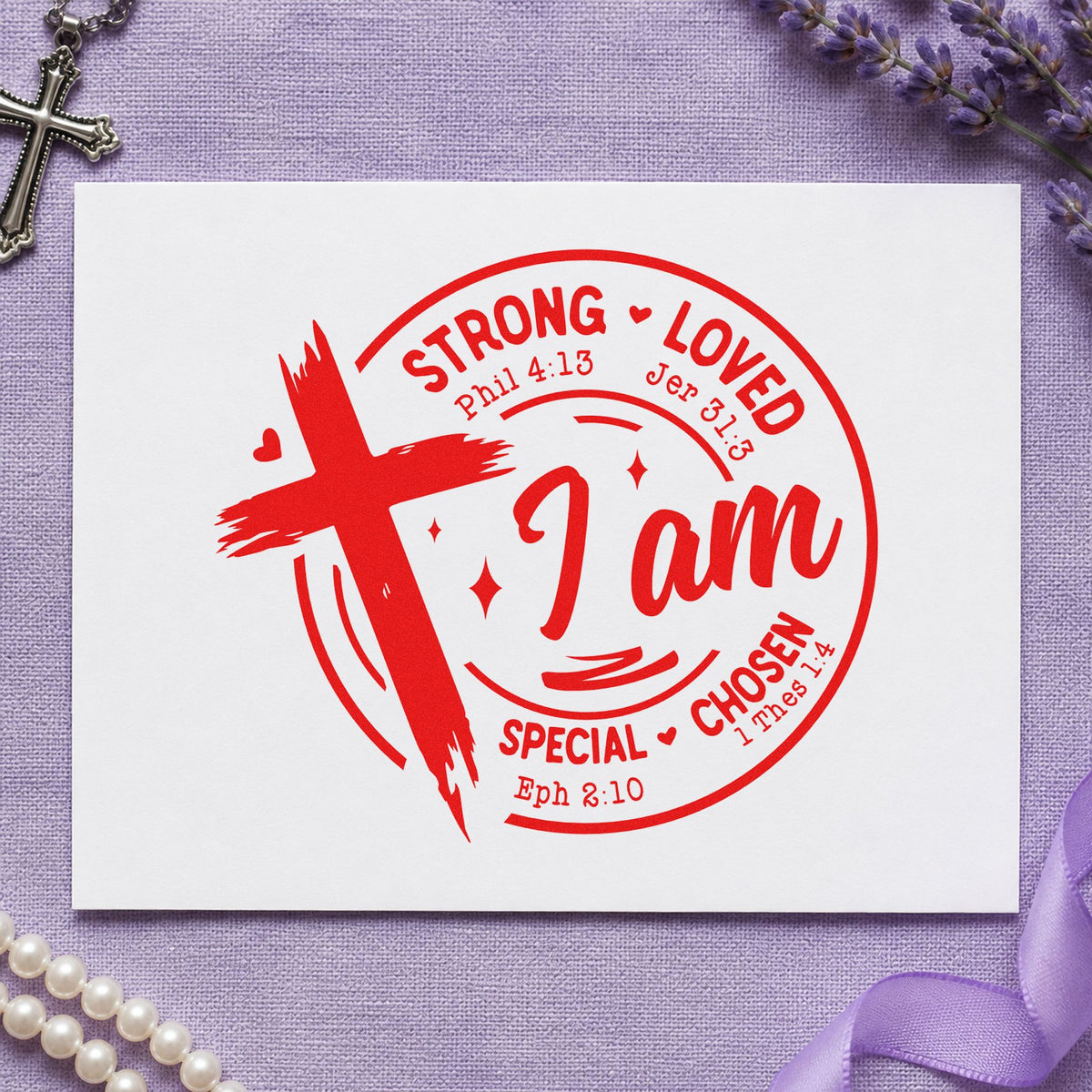I Am Strong Loved Chosen rubber stamp shown in red ink, stamped for projects such as inclusion ministry notes.