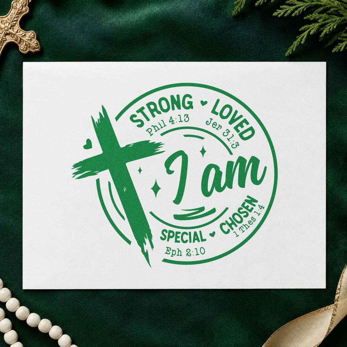 I Am Strong Loved Chosen craft stamp imprint in green ink on a handmade project, one idea being framed playroom art.