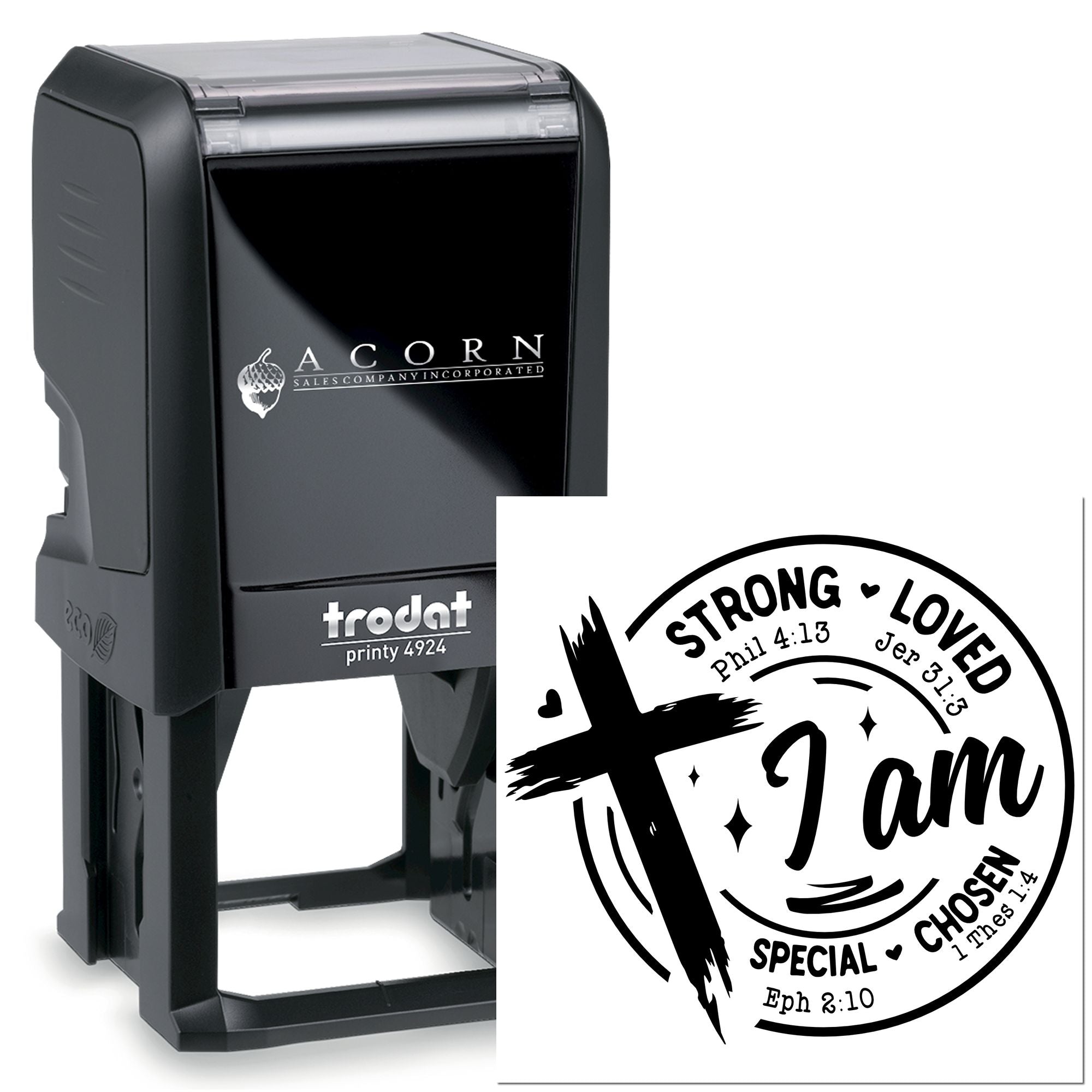Custom self-inking rubber stamp with Strong Loved Bible verse design, ideal for faith-based personalized stamping.