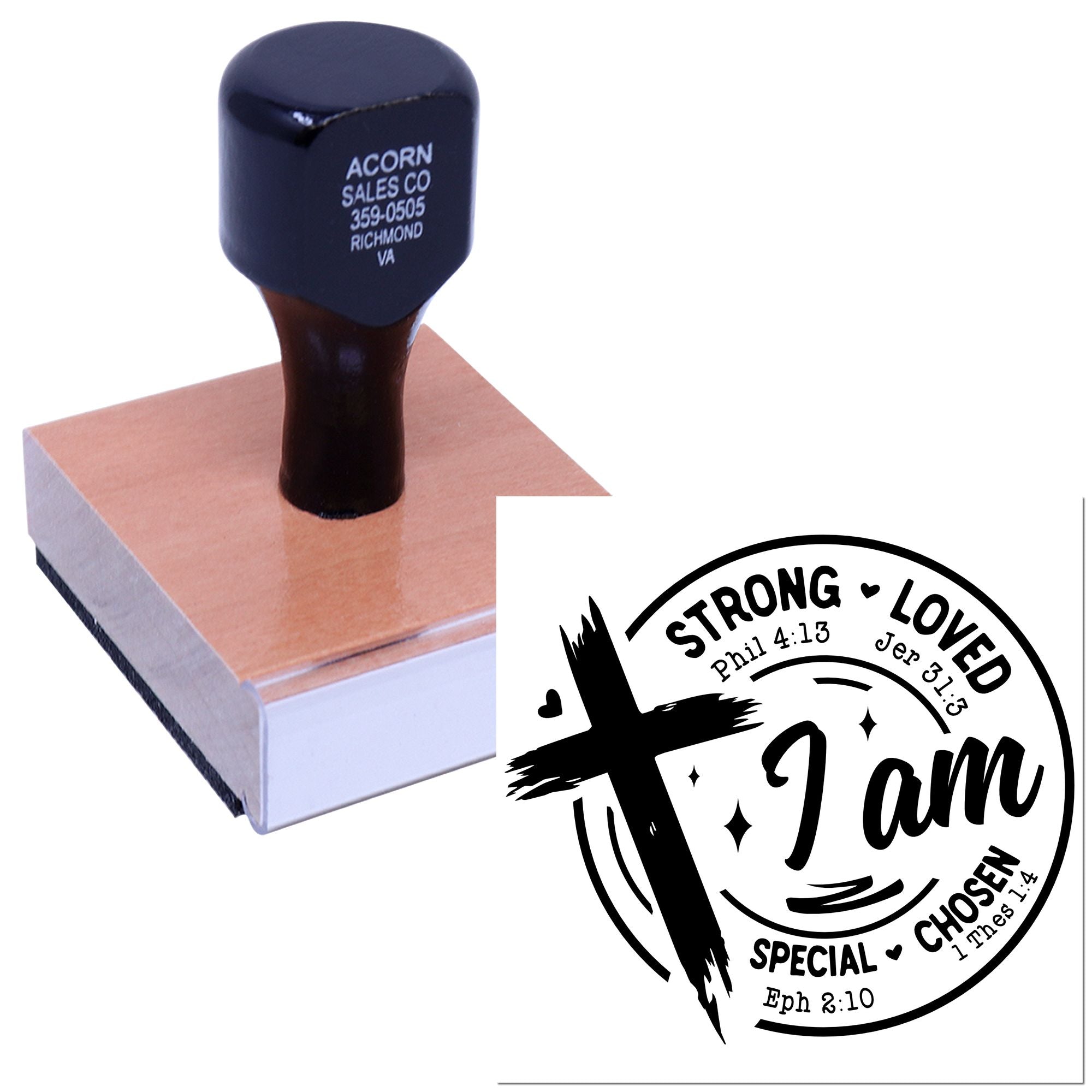 Custom rubber stamp on ink pad with Christian I am Strong Loved design for personalized faith-based stamping.
