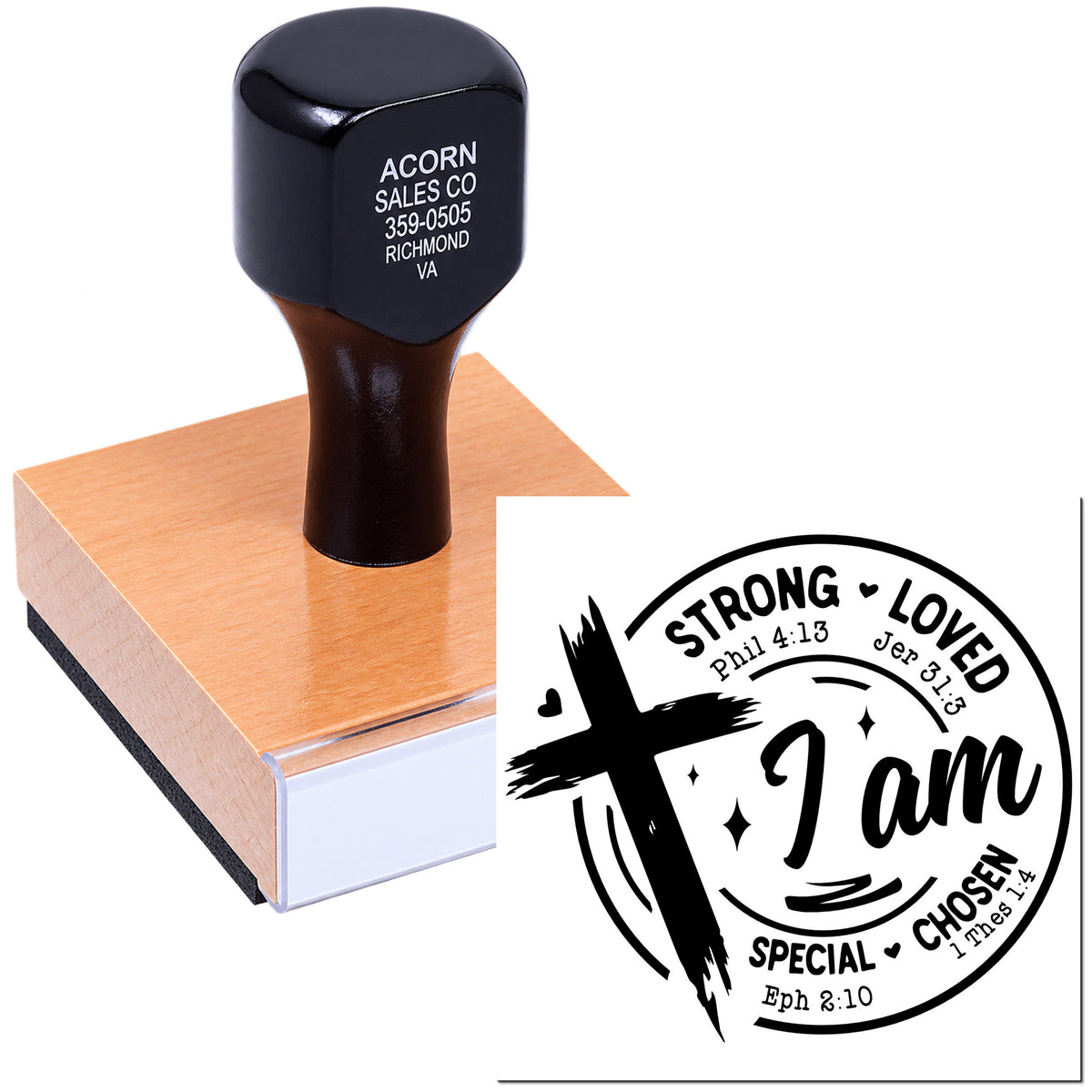 Custom rubber stamp on ink pad with Christian I am Strong Loved design for personalized faith-based stamping.