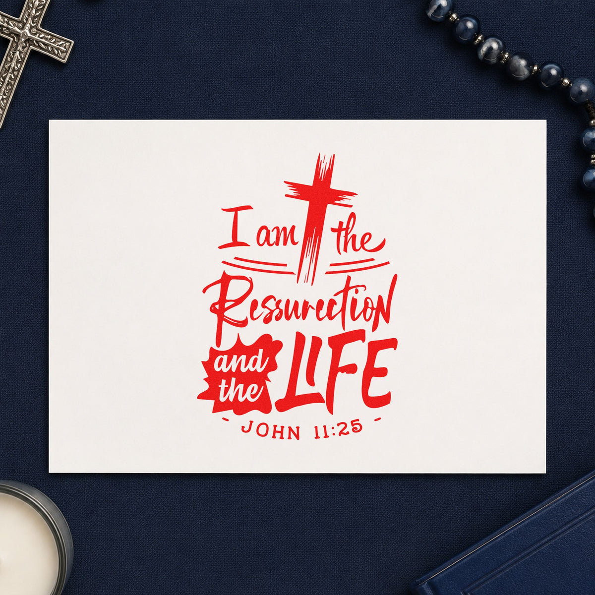 Resurrection and Life rubber stamp shown in red ink, stamped for projects such as baptism class handouts.