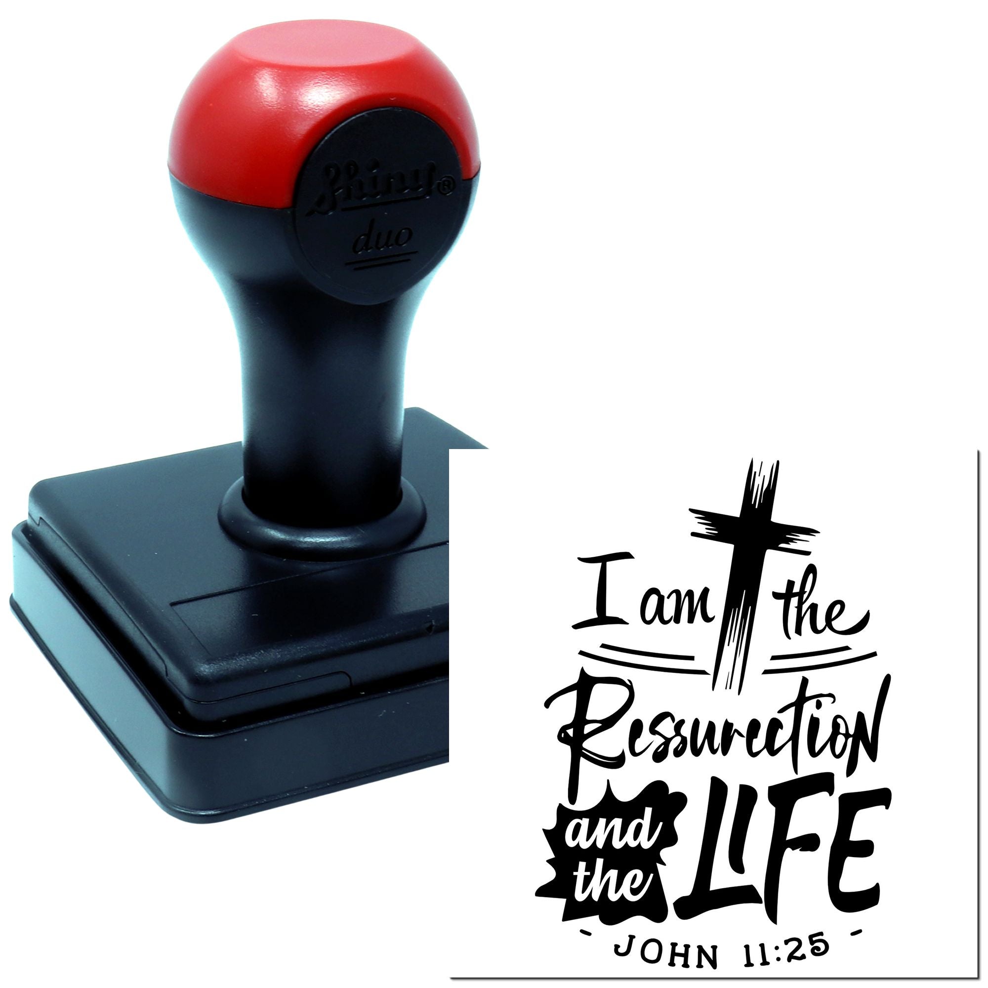 Self-inking rubber stamp with Bible verse I am the Resurrection and the Life John 11:25 for Christian cards and crafts.