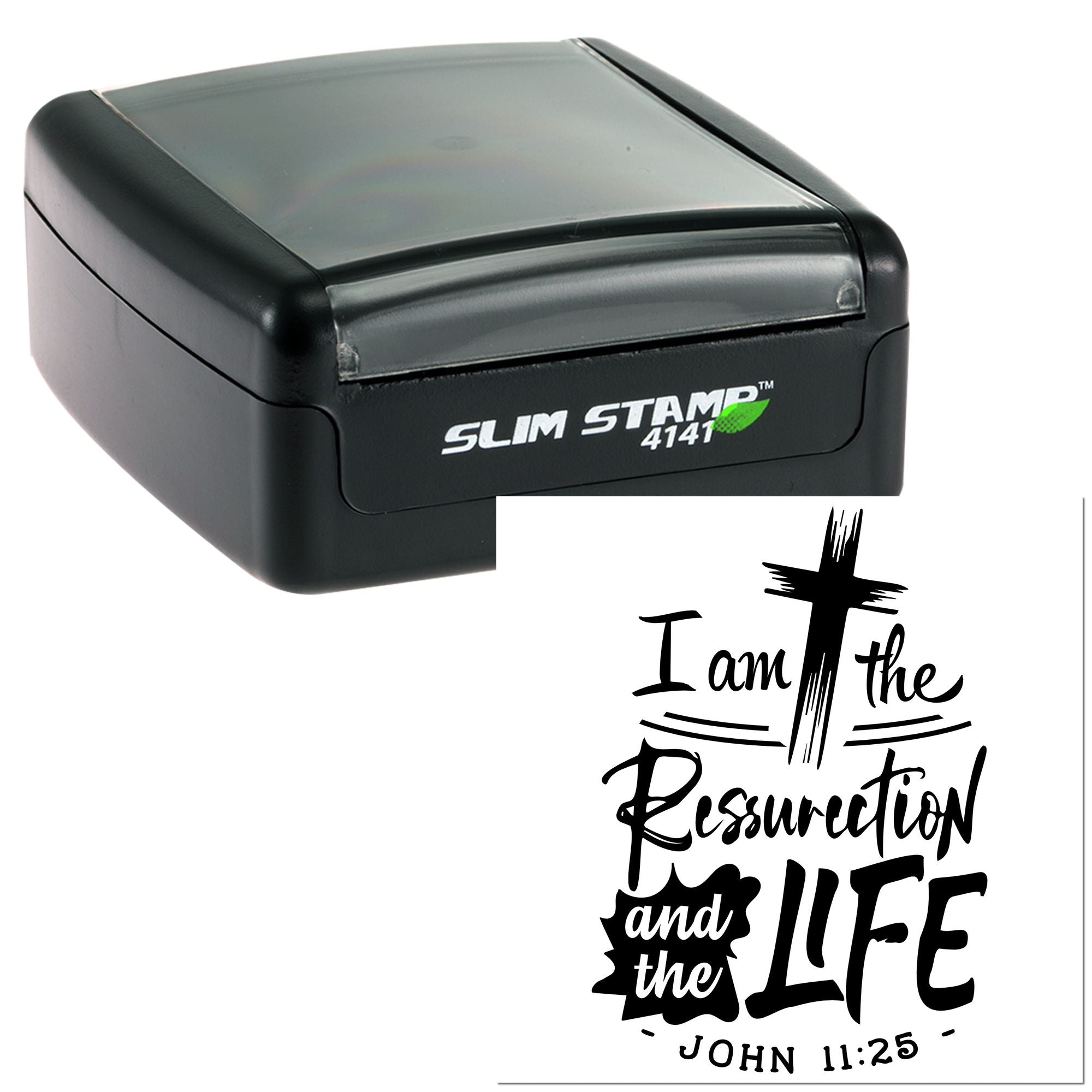 Slim Stamp 4141 self-inking Christian rubber stamp with I am the Resurrection and the Life Bible verse design.