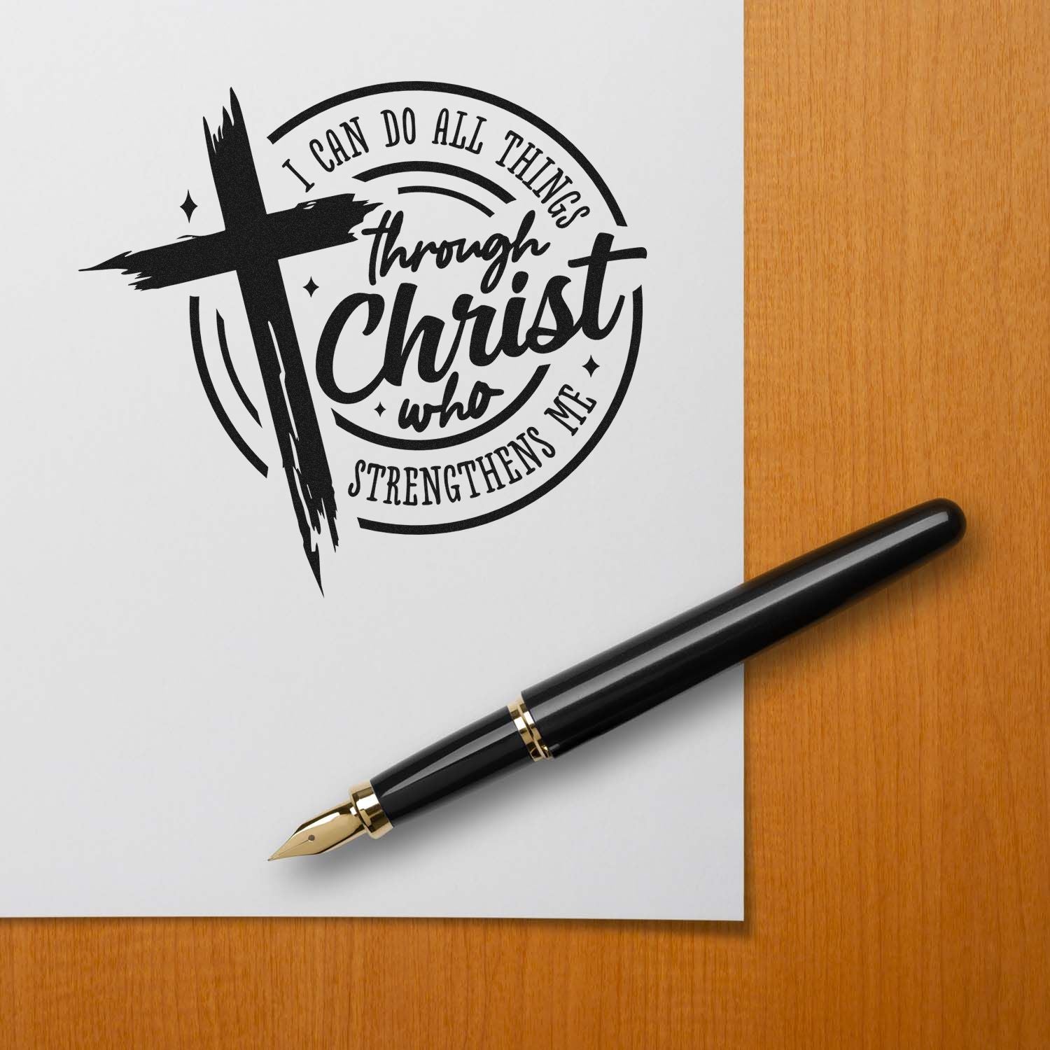 Christian rubber stamp design with cross and Philippians 4:13 quote, I can do all things through Christ who strengthens me.