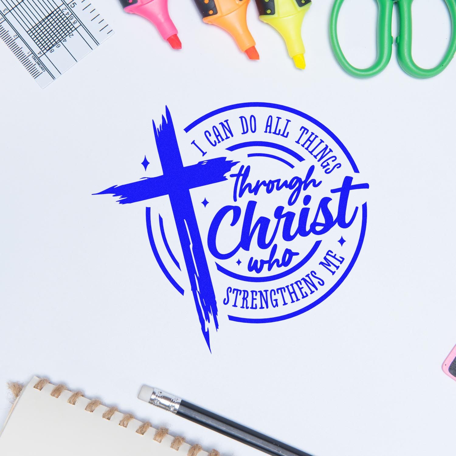 Christian rubber stamp design with cross and Bible verse, I can do all things through Christ who strengthens me.