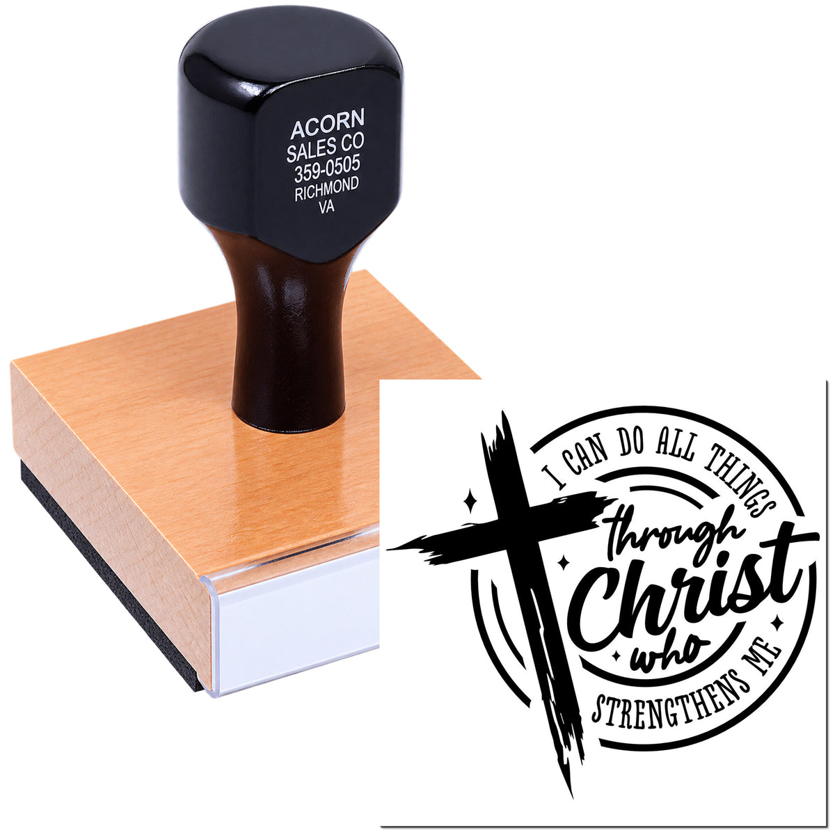 Christian rubber stamp with I can do all things through Christ quote for faith-based crafts, cards, and ministry use.