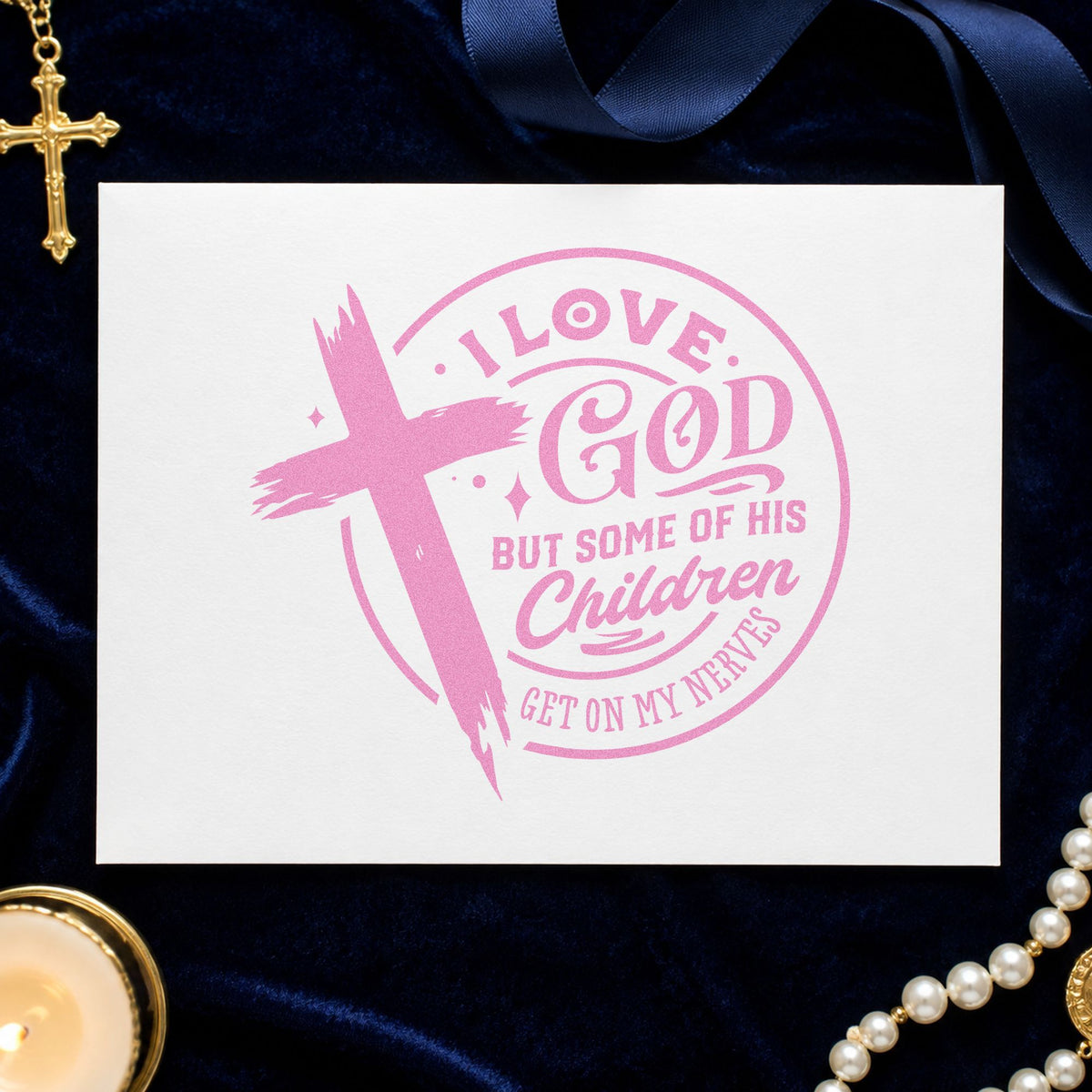 I Love God but His Children craft stamp in purple ink on cardstock, an easy option for gag gift tags.