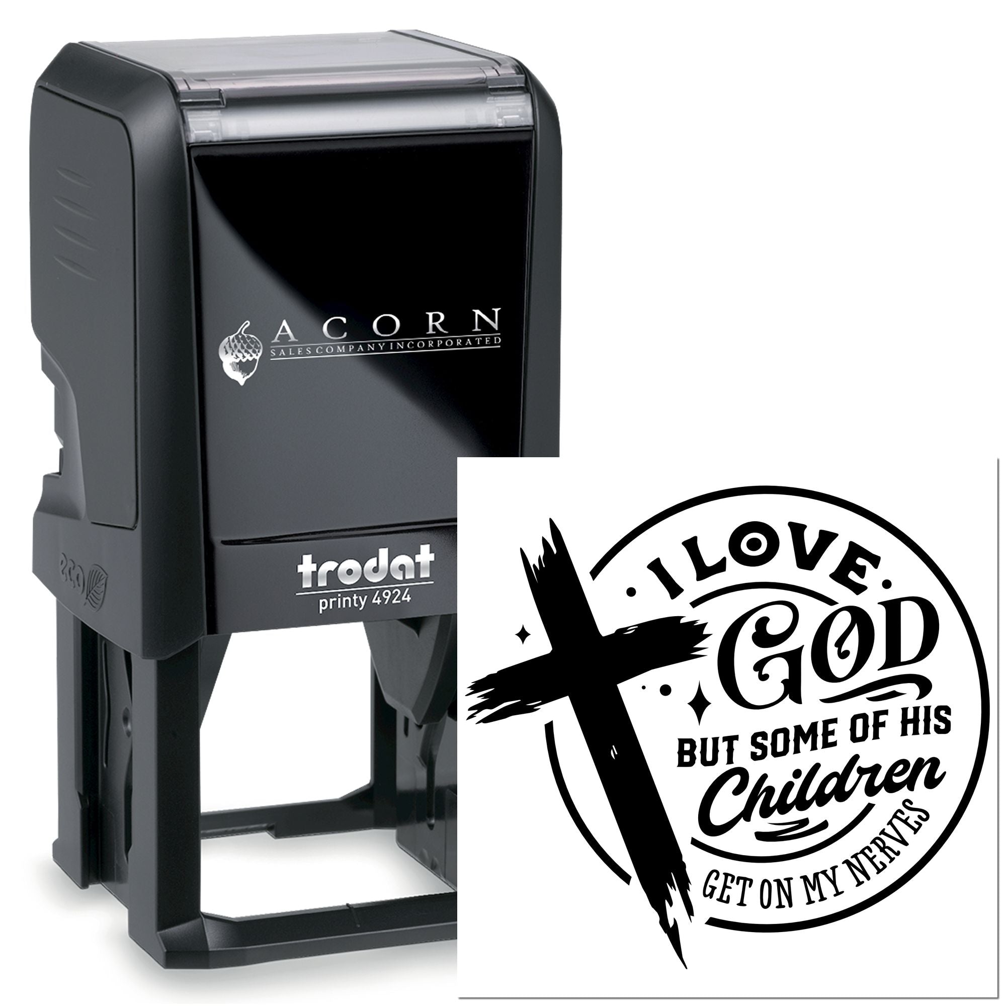 Custom self-inking rubber stamp, Trodat Printy 4924, with I Love God Christian quote design for faith-based crafts and labeling.