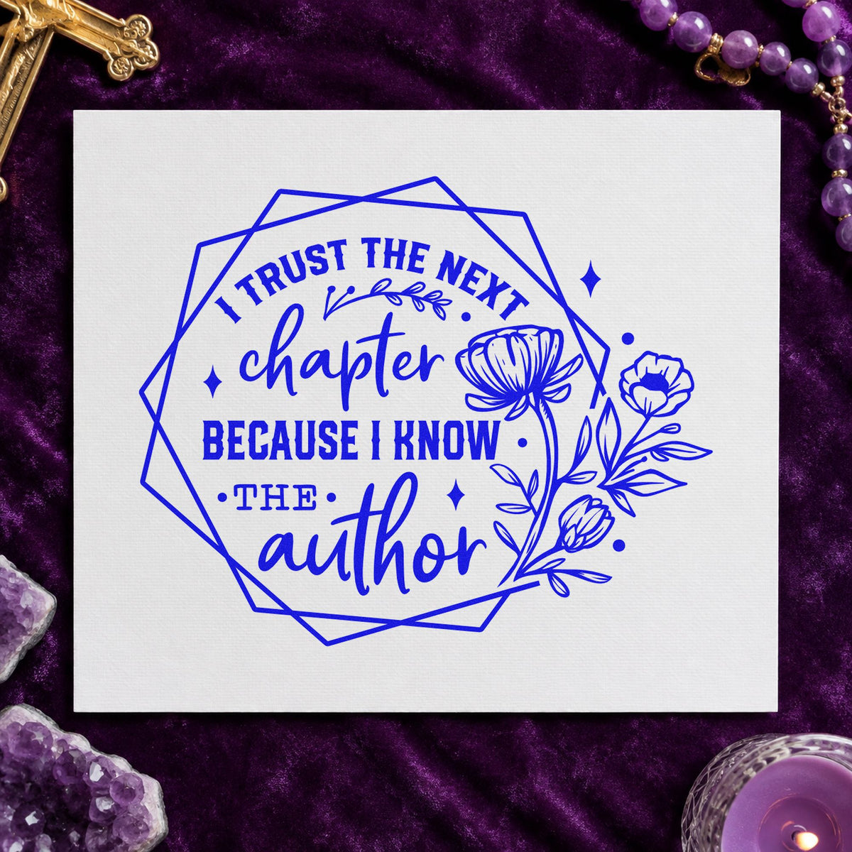 Trust the Next Chapter Floral craft stamp in blue ink on cardstock, an easy option for library tote bags.