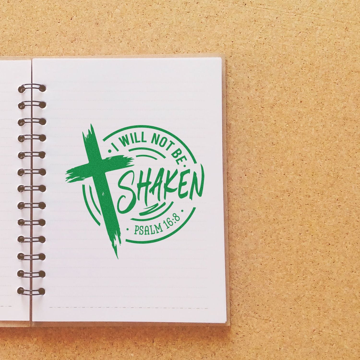 Faith-based rubber stamp with cross and Psalm 16:8 quote, I Will Not Be Shaken, for Bible journaling.
