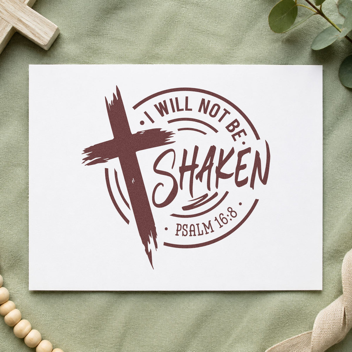I Will Not Be Shaken Badge rubber stamp printed in brown ink, ready for testimony pages and similar paper crafts.