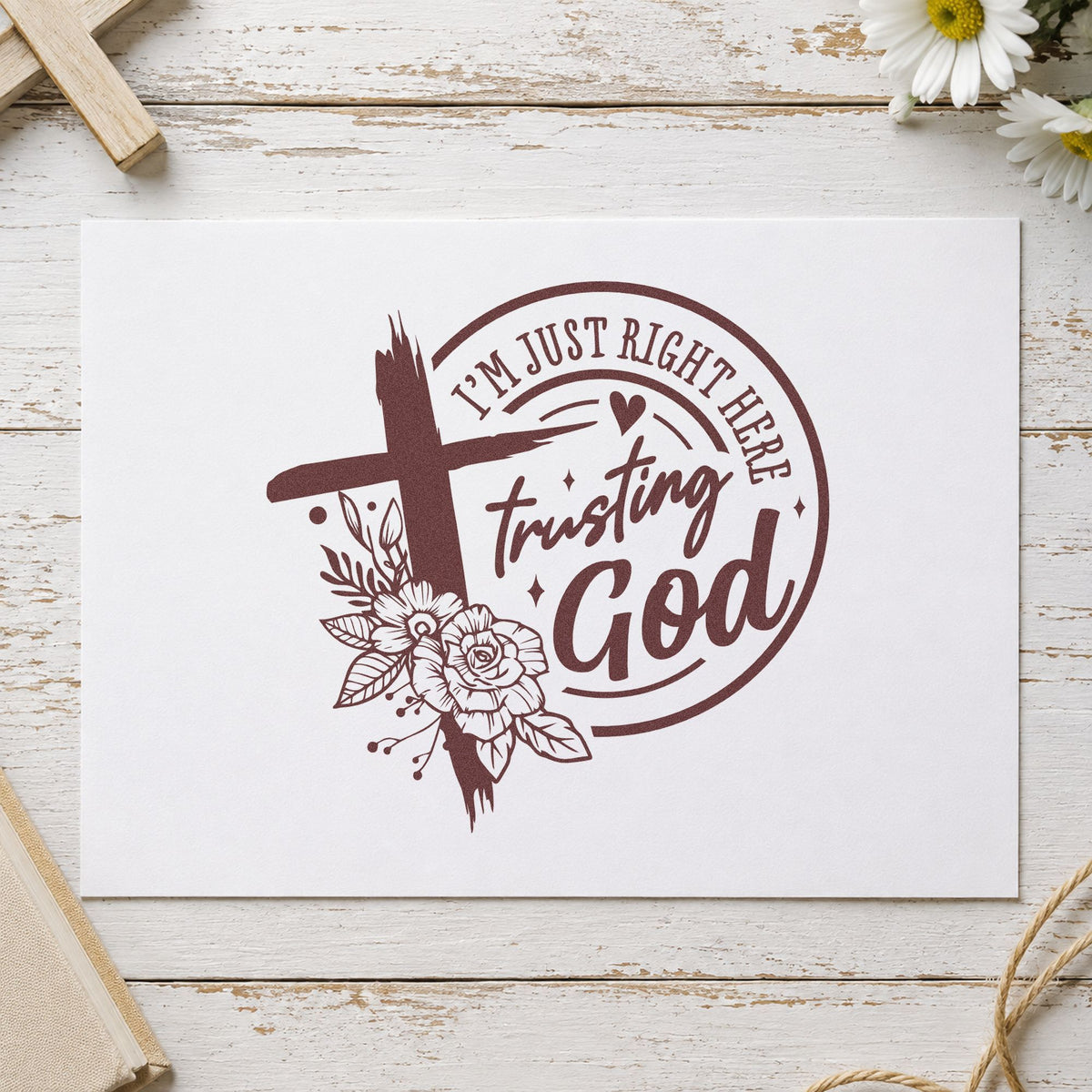 Trusting God Outline Flowers rubber stamp printed in brown ink, ready for seed packet labels and similar paper crafts.
