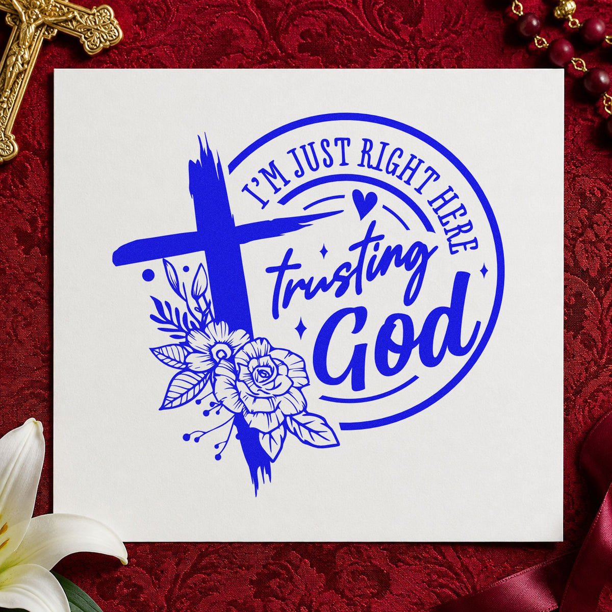 Trusting God Outline Flowers craft stamp imprinted in blue ink on paper, a design suited to garden apron pockets.