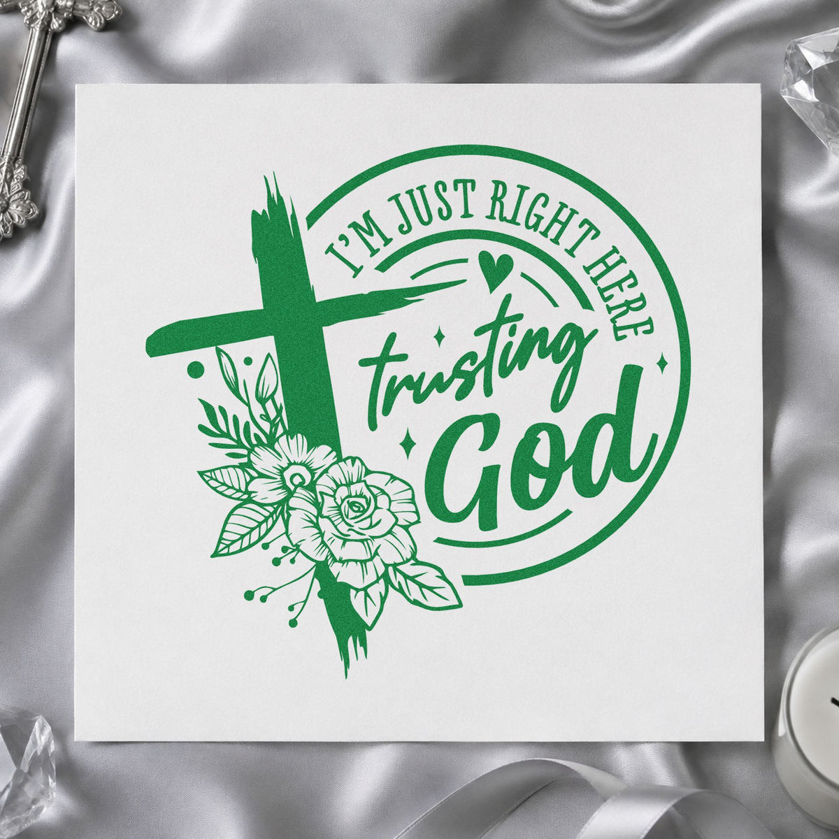 Trusting God Outline Flowers craft stamp imprint in green ink on a handmade project, one idea being framed window art.