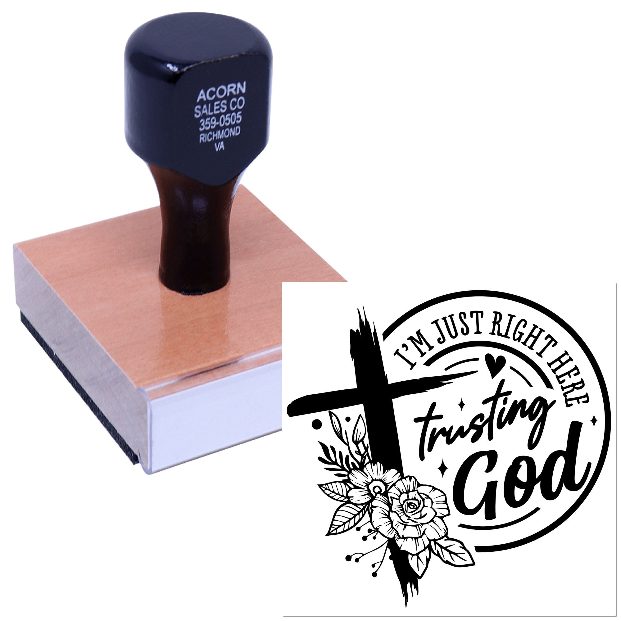 Custom rubber stamp with Im just right here trusting God design for Christian crafts, cards, and faith-based packaging.