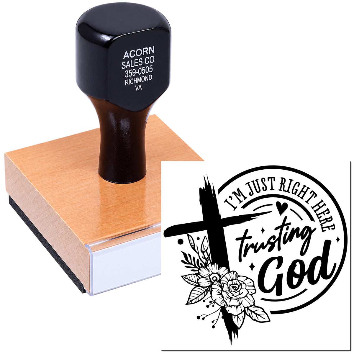 Custom rubber stamp with Im just right here trusting God design for Christian crafts, cards, and faith-based packaging.