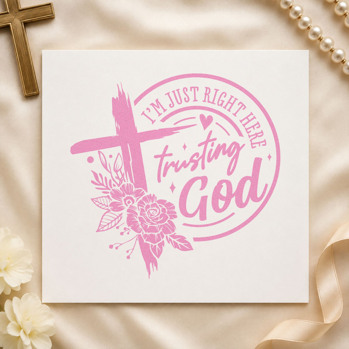 Trusting God Dark Roses craft stamp in purple ink on cardstock, an easy option for sympathy meal tags.