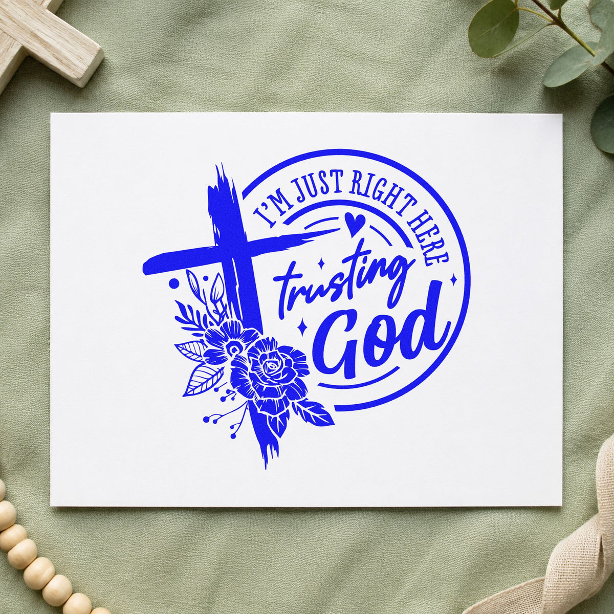 Trusting God Dark Roses craft stamp in blue ink on cardstock, an easy option for deployment pillowcases.