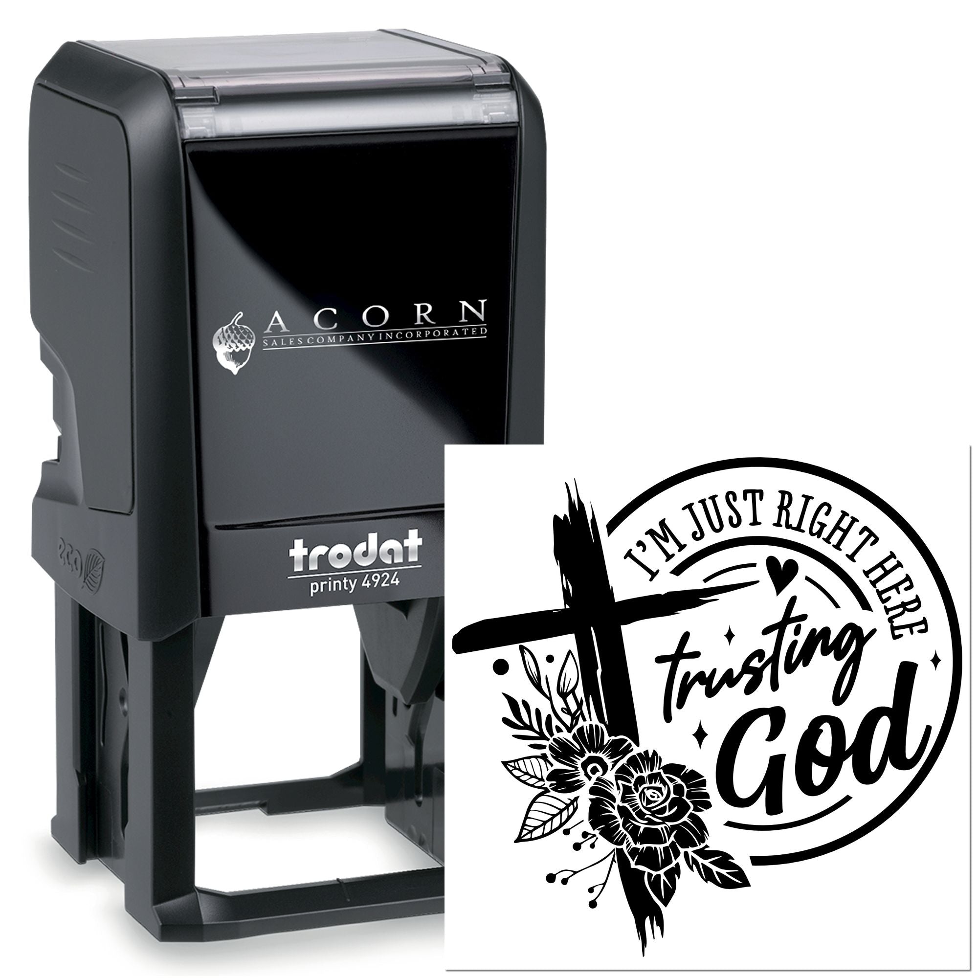 Custom self-inking rubber stamp with Christian Im Just Right Here Trusting God floral cross design and impression.