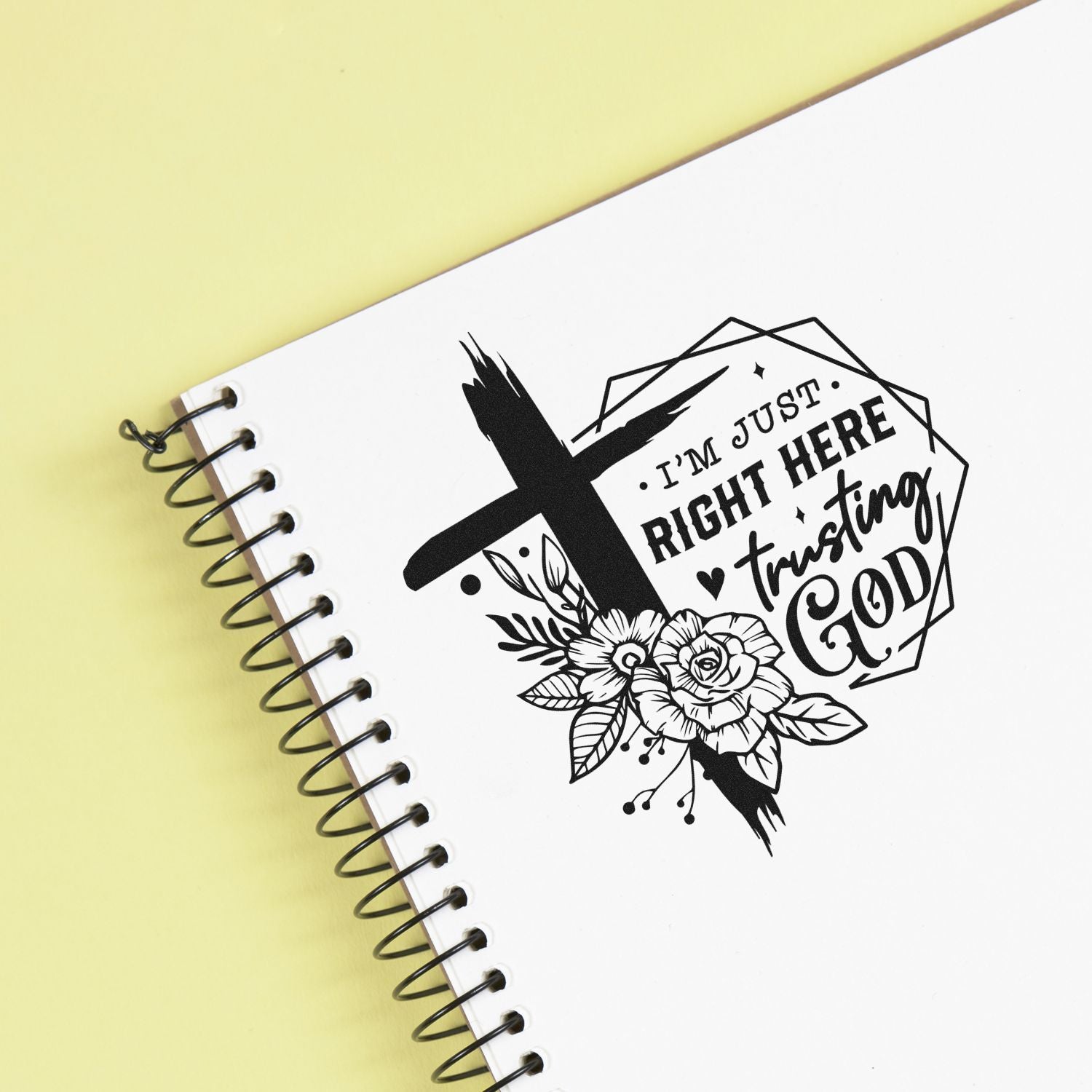 Faith-based rubber stamp design with cross, flowers, and Im just right here trusting God for Bible journaling and crafts.