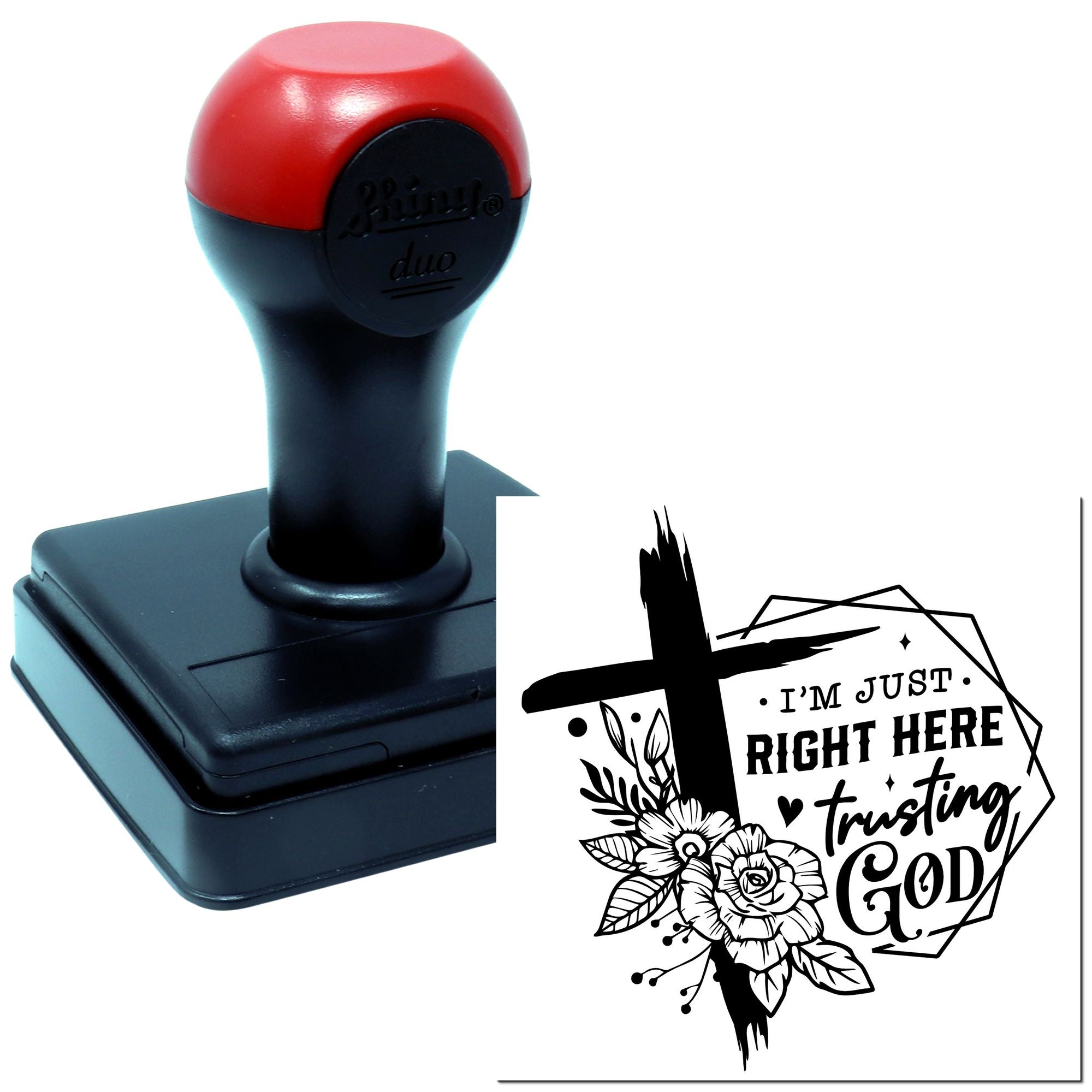 Self-inking rubber stamp with "I'm Just Right Here Trusting God" floral cross design for Christian crafts and handmade cards.