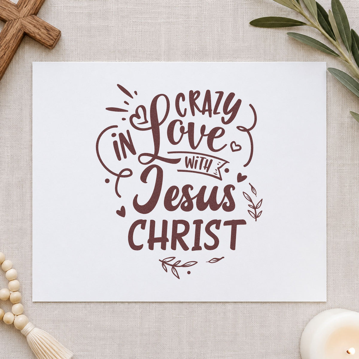 Crazy in Love with Jesus Christ rubber stamp printed in brown ink, ready for bookmark ribbons and similar paper crafts.