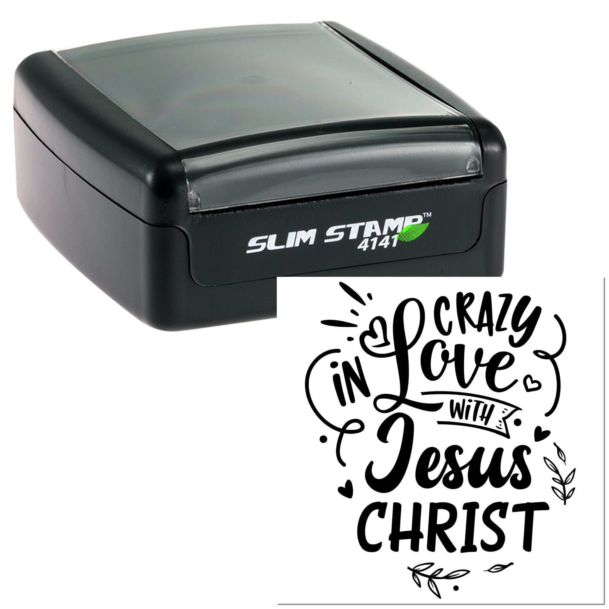 Self-inking rubber stamp with Crazy in Love with Jesus Christ design for faith-based crafting and church use.