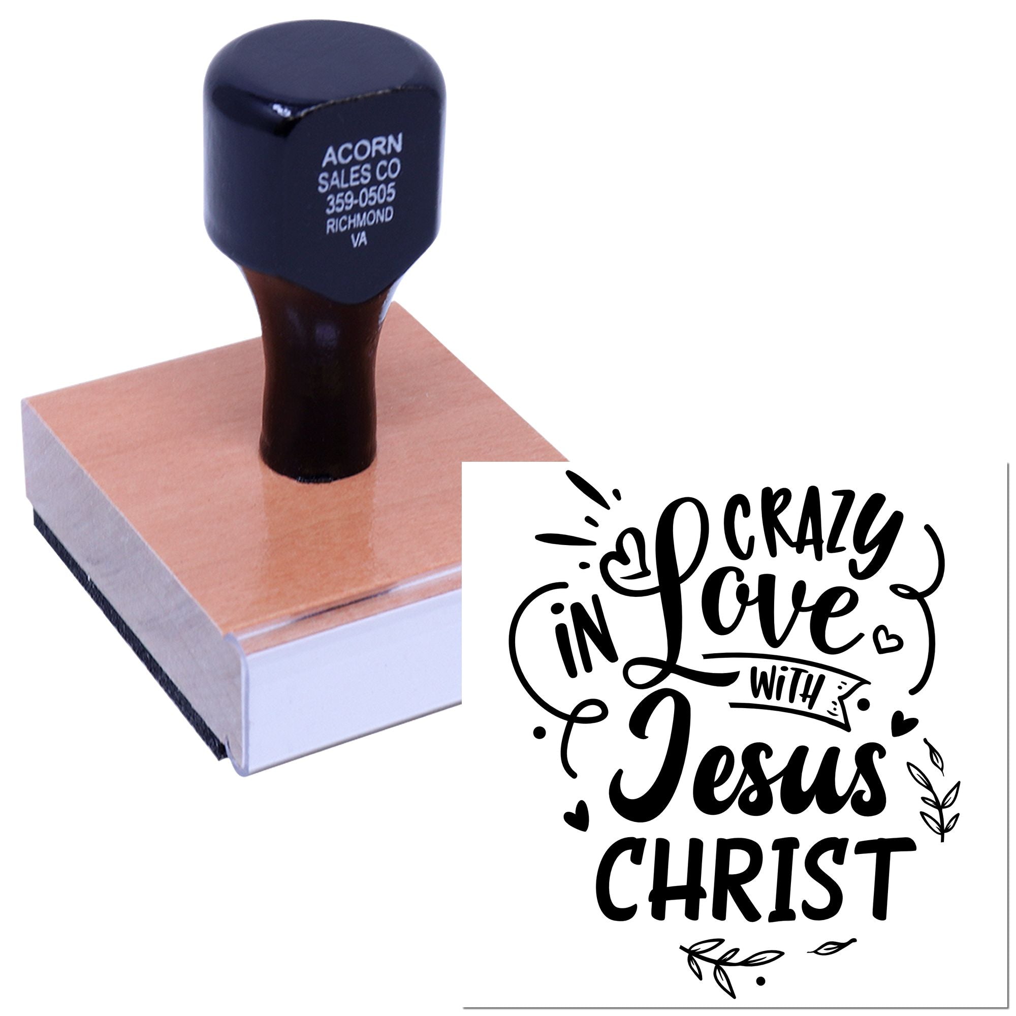 Custom rubber stamp with Crazy in Love with Jesus Christ design for Christian crafts, Bible journaling, and gift-making.