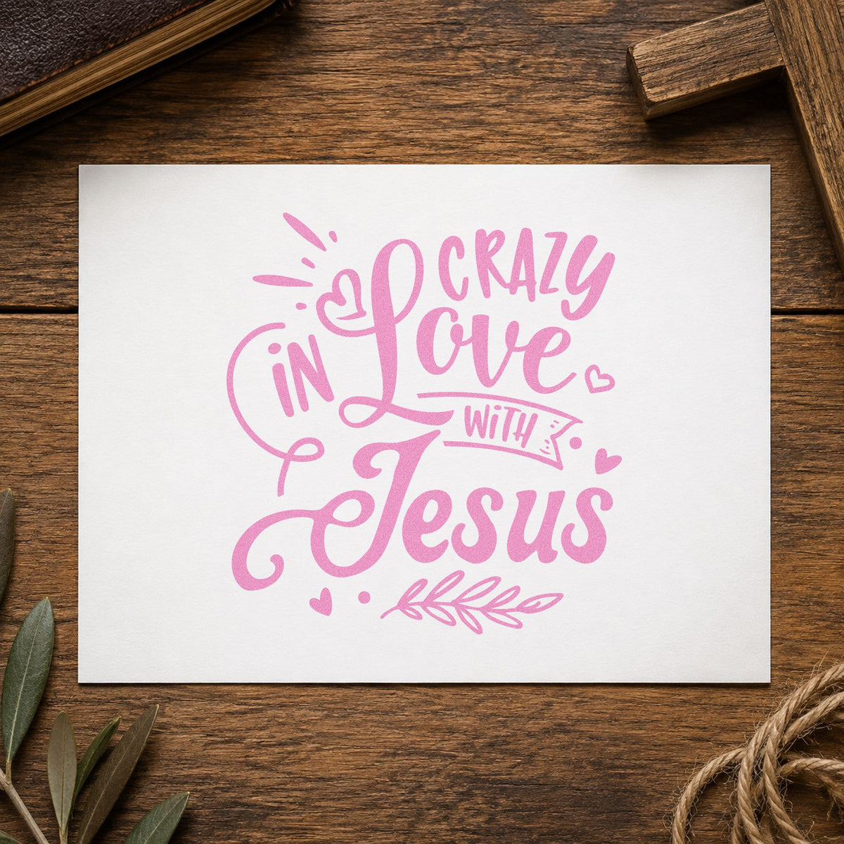 Crazy in Love with Jesus craft stamp in purple ink on cardstock, an easy option for bridal shower tags.