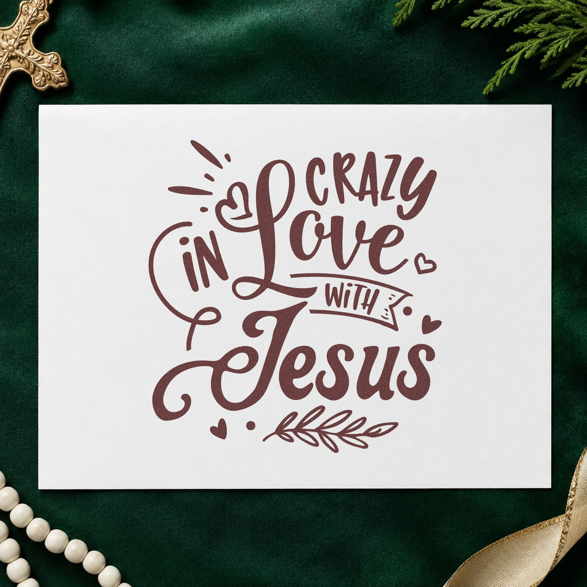 Crazy in Love with Jesus rubber stamp printed in brown ink, ready for wedding napkin corners and similar paper crafts.