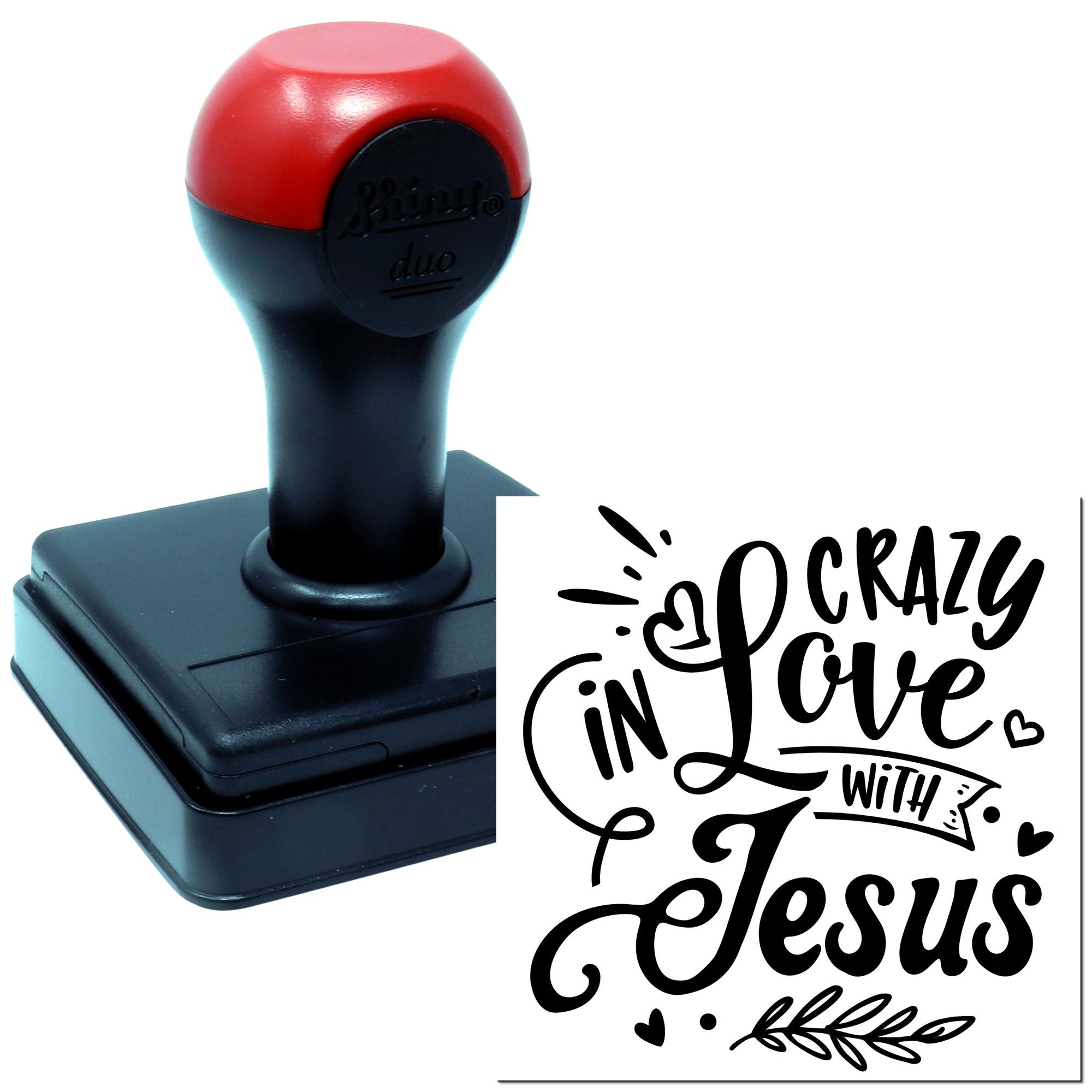 Custom self-inking rubber stamp with Crazy in Love with Jesus design for Christian crafts, gifts, and church projects.