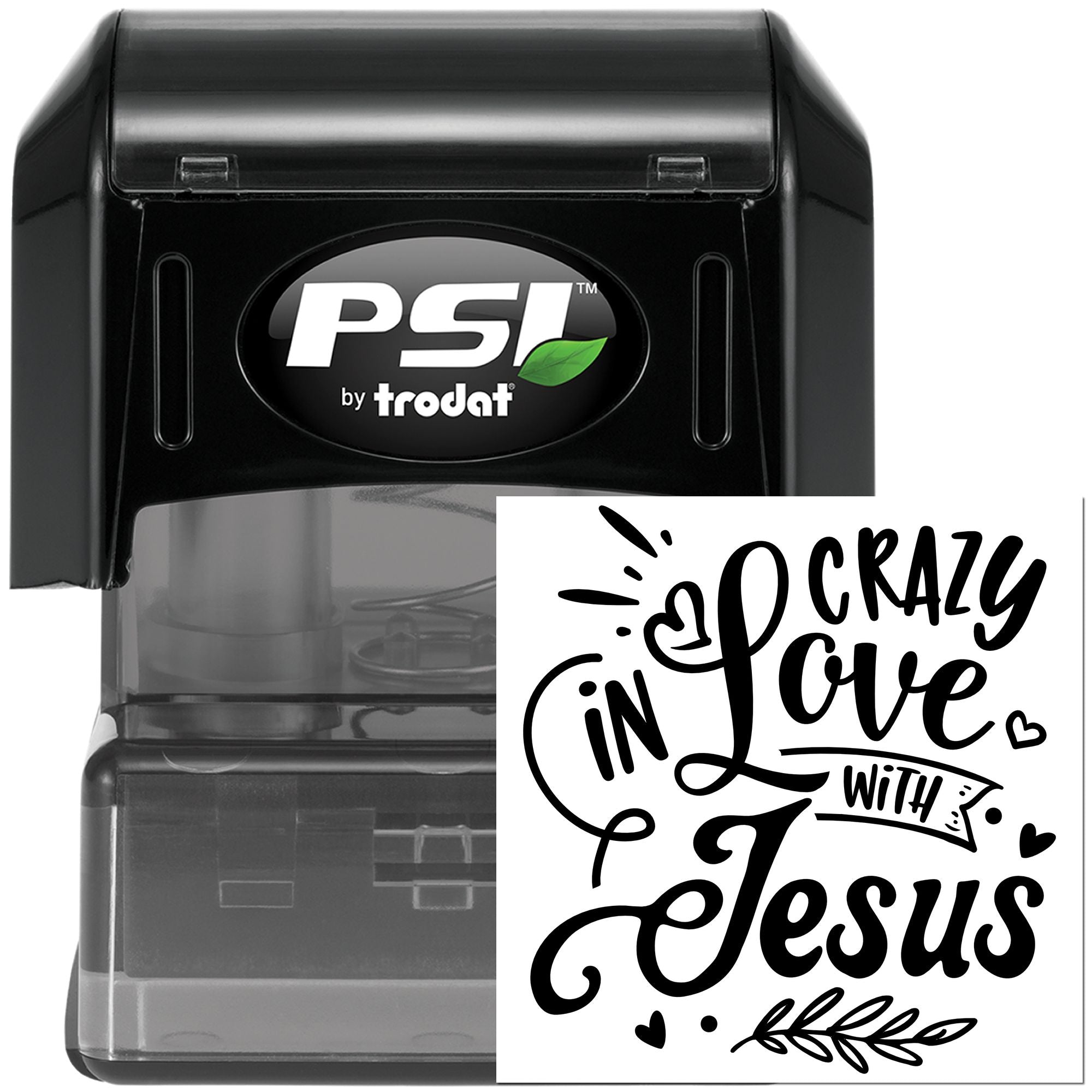 PSI by Trodat self-inking rubber stamp with Crazy in Love with Jesus design for Christian crafts, journaling, and card making.