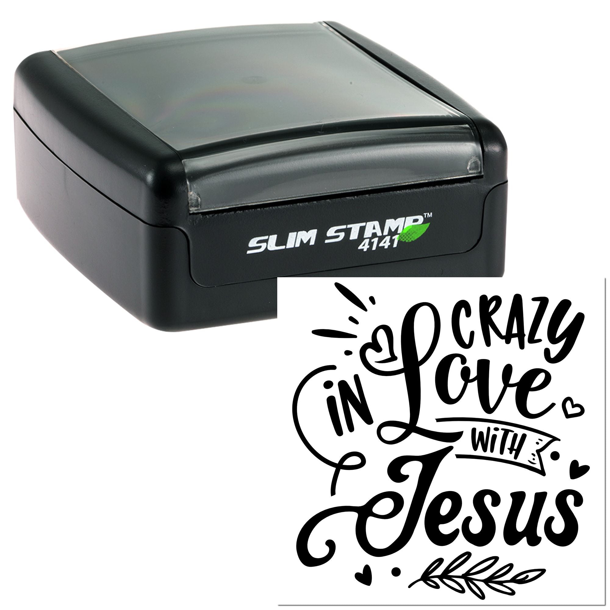 Self-inking rubber stamp with Crazy in Love with Jesus design for faith-based crafts, cards, and gift making.