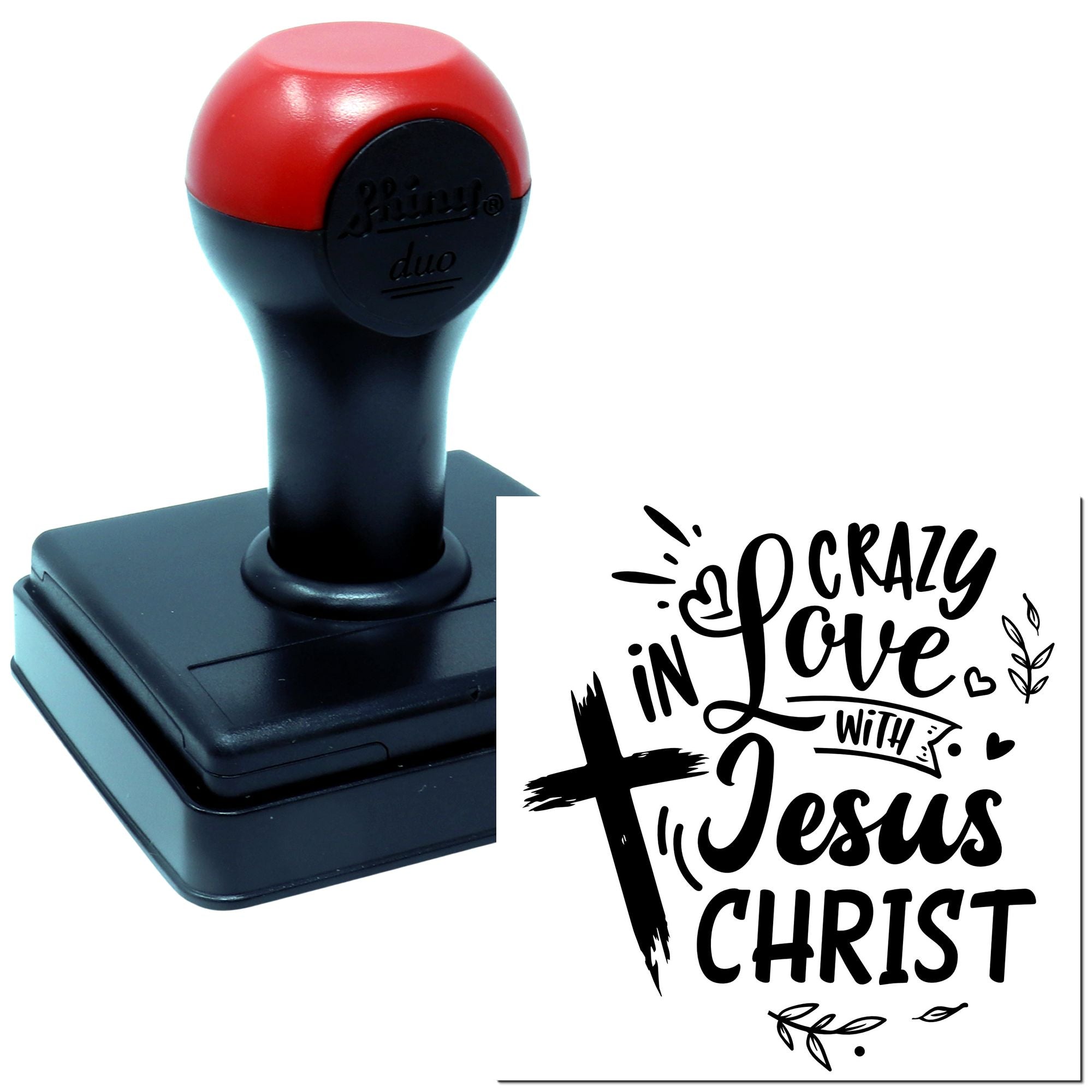Self-inking rubber stamp featuring Crazy in Love with Jesus Christ Christian design for religious craft use.