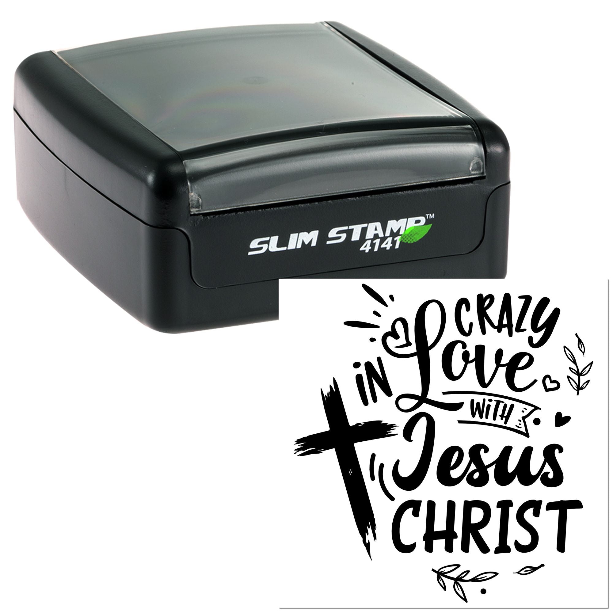 Self-inking rubber stamp with Crazy in Love with Jesus Christ Christian quote for faith-based crafts and cards.