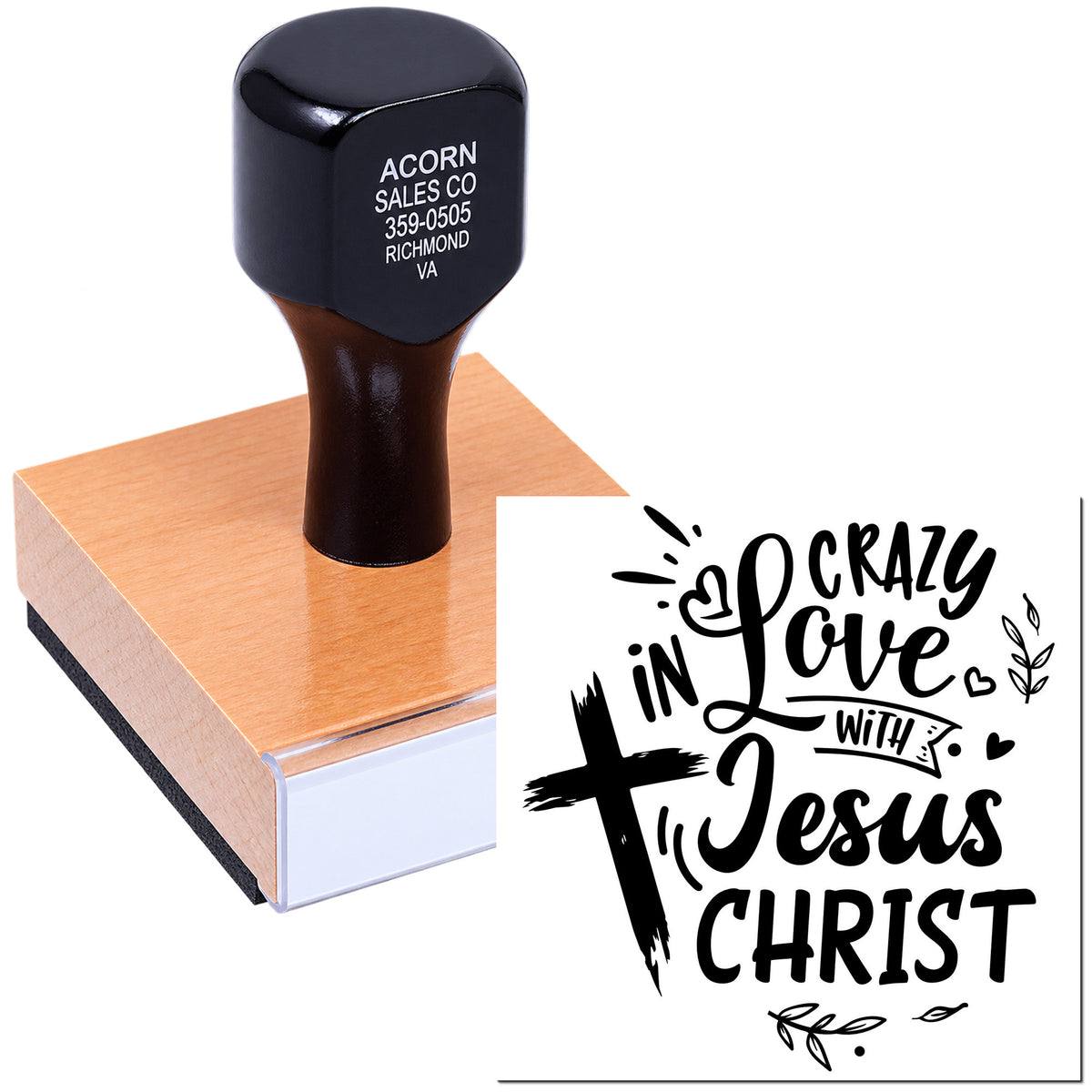 Custom Christian rubber stamp with Crazy in Love with Jesus Christ design for faith-based crafts and scrapbooking.